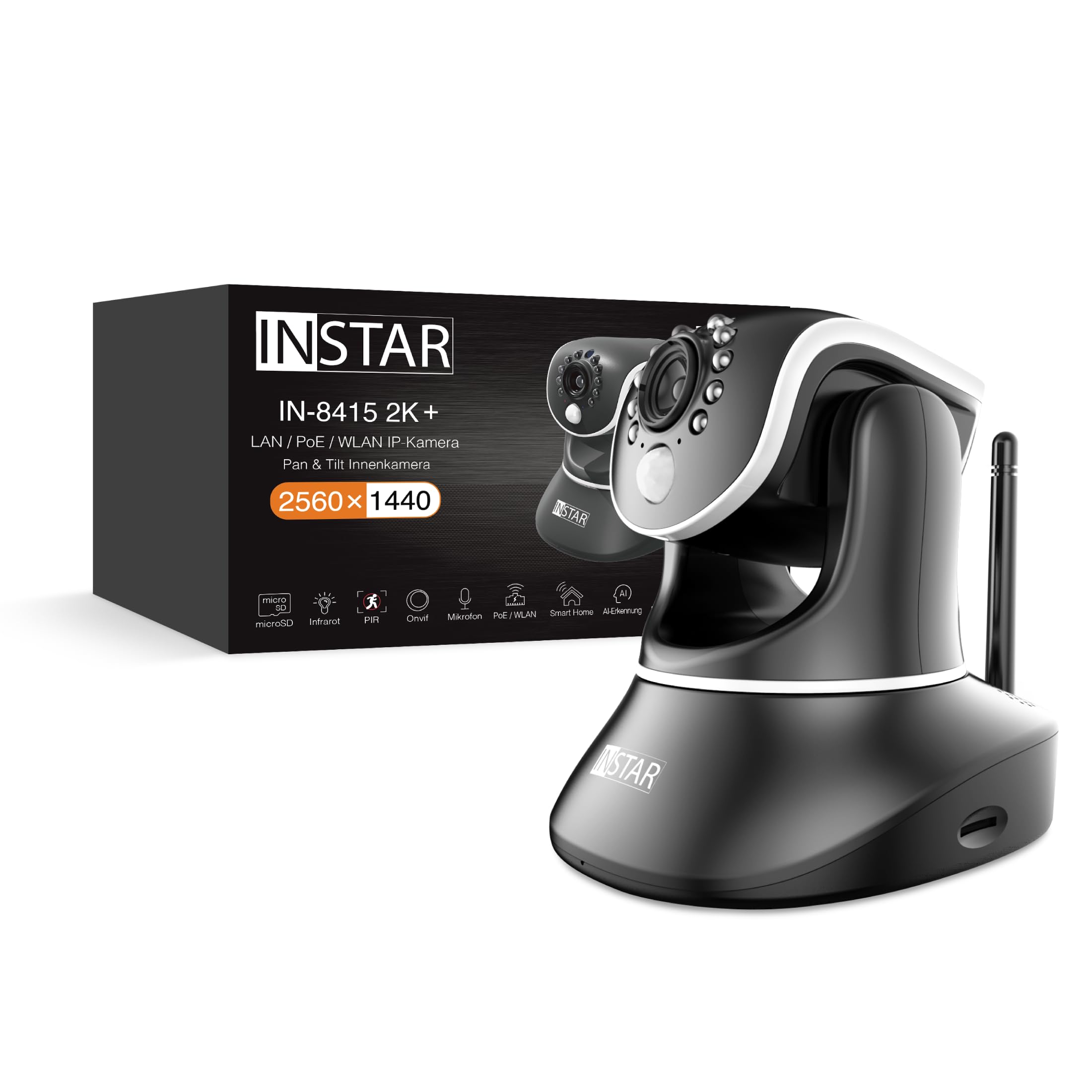 INSTAR IN-8415 2K+ Noir - Caméra de Surveillance LAN/PoE/WLAN avec IA - Caméra IP contrôlable - WPA3 - Wi-FI 2,4 et 5 GHz - Utilisation intérieure - PIR - PTZ - HomeKit - MQTT