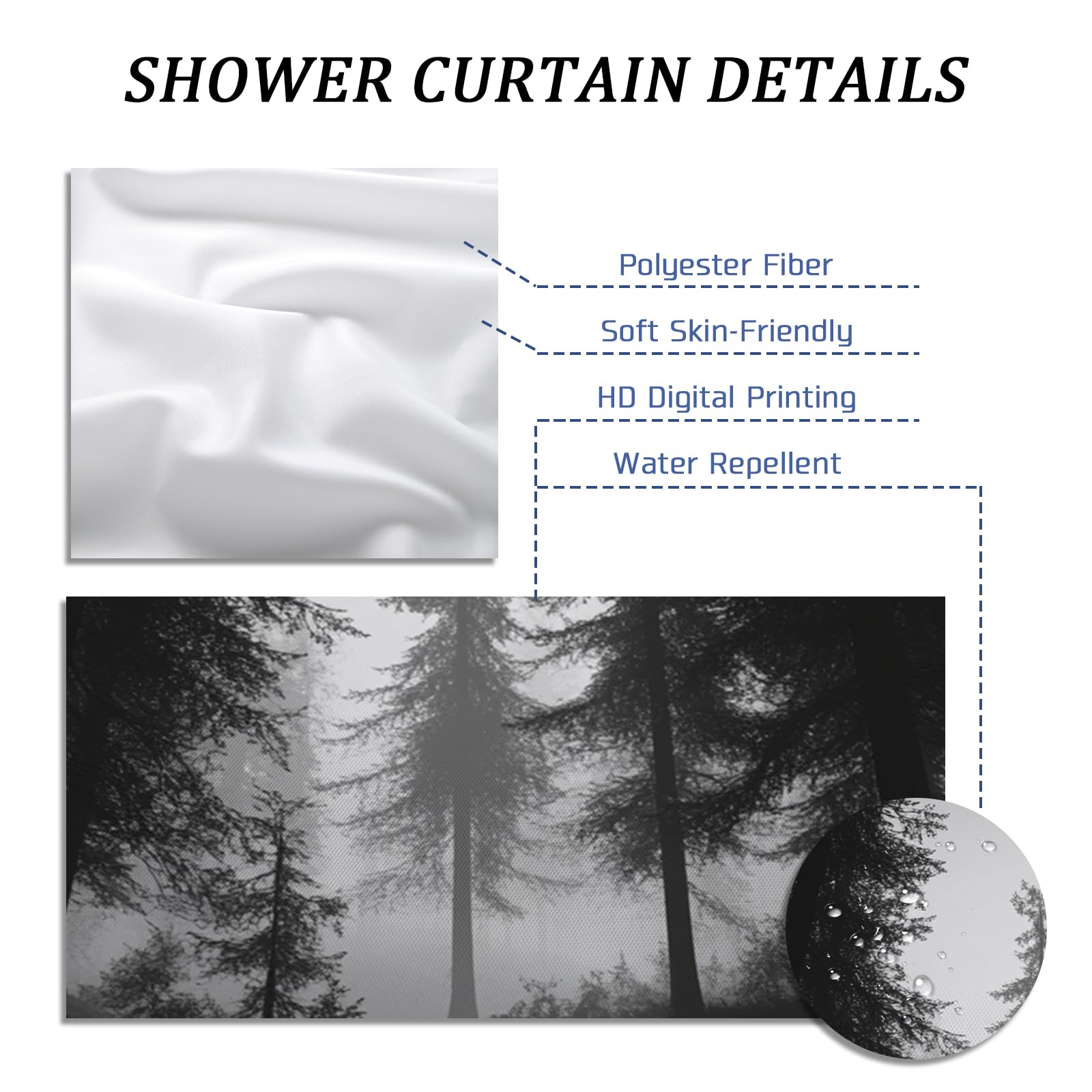 Ensemble de rideau de douche blanc et noir, rideau de douche arbre naturel, accessoires de salle de bain, motif imprimé décoratif, 62 x 72 cm