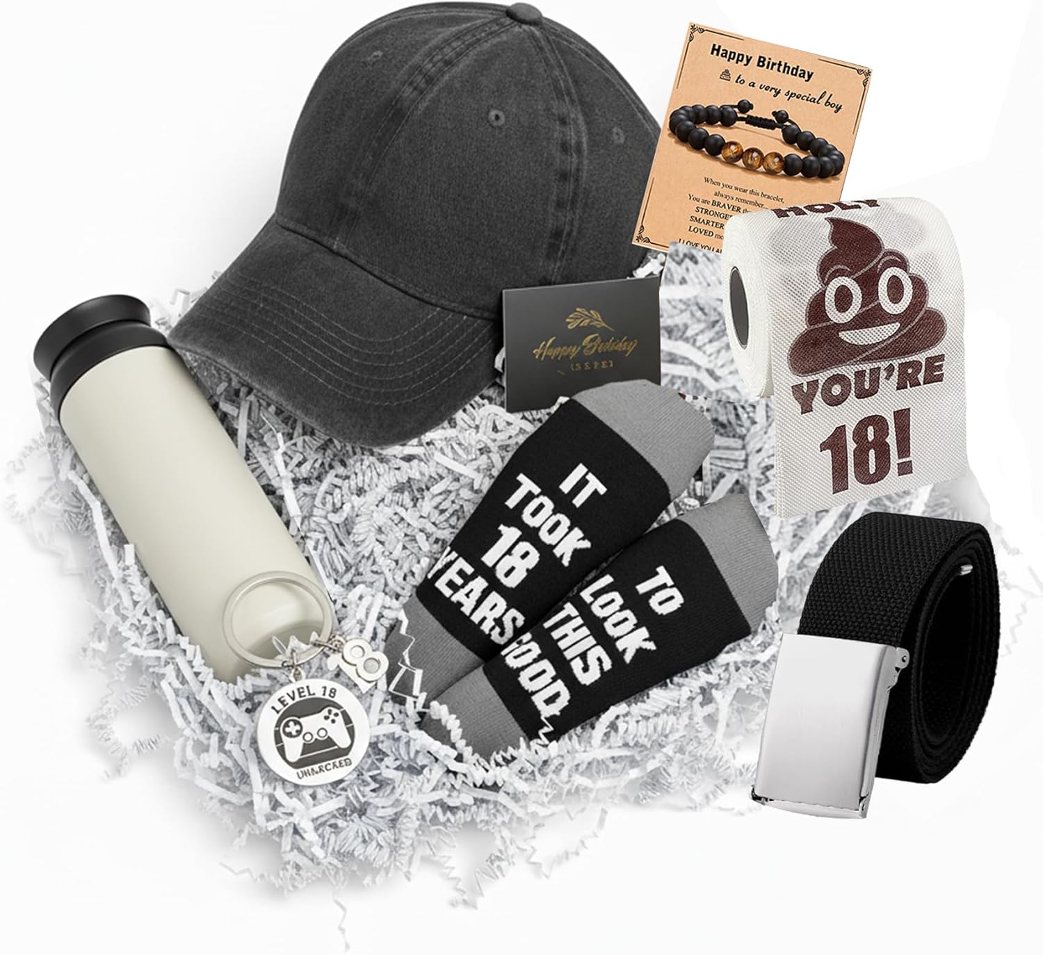 Happy 18th Birthday Gifts Set for Boys 18 Years Old Boy Birthday Gift Ideas with Tumbler Golf Belt Funny Socks Hat Toilet Paper Bracelet Keychain for Son Nephew Grandson