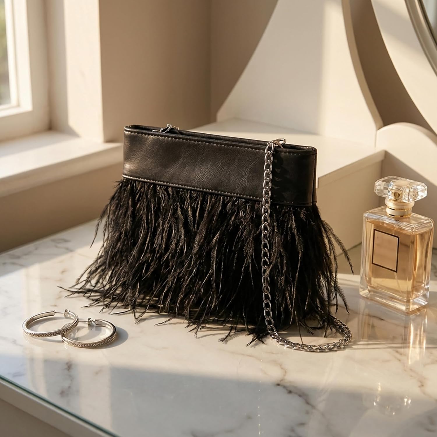 Women Natural Fluffy Ostrich Feather Evening Clutch Purse Shoulder Crossbody Bag