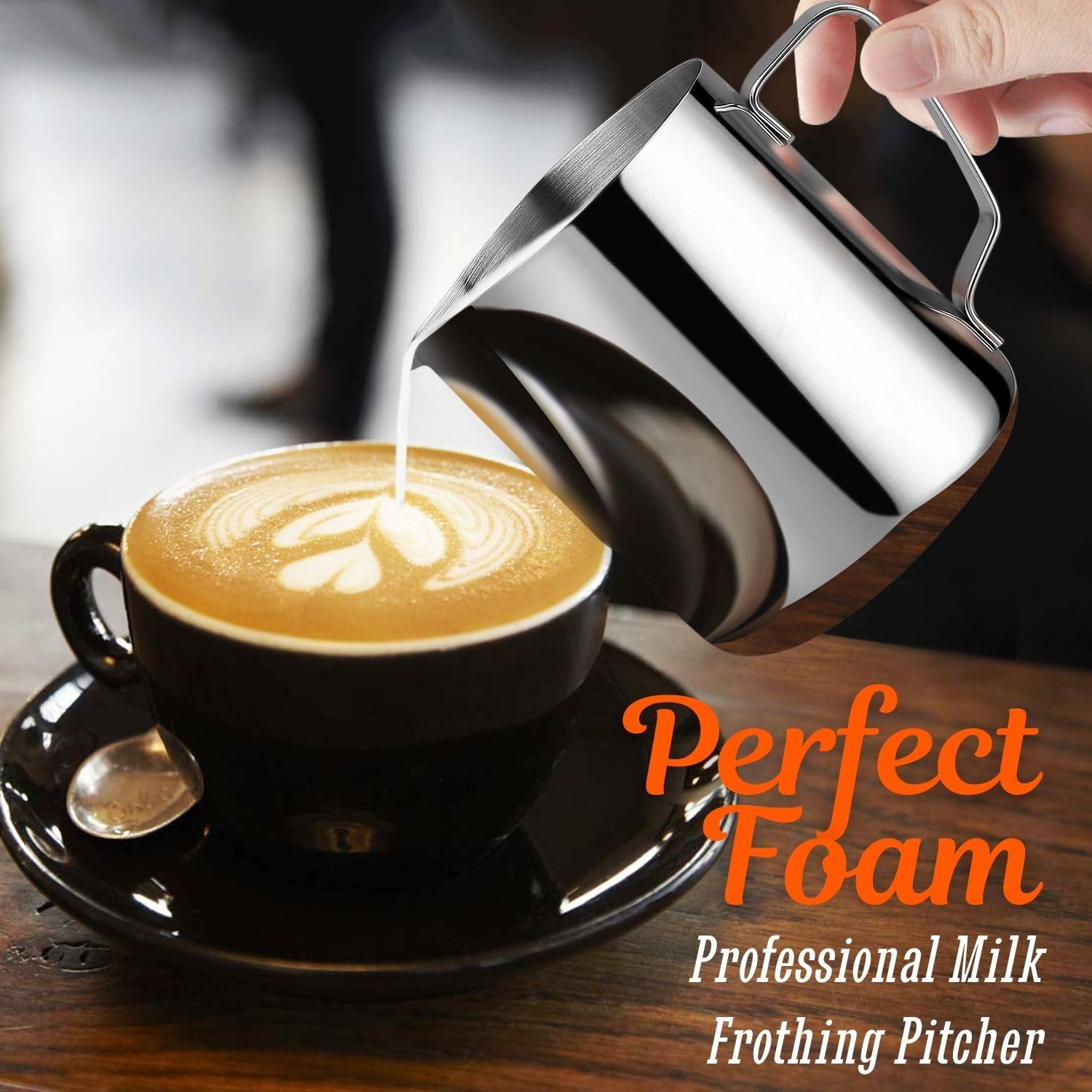 Flexzion Brocca da latte in acciaio inox per barista, macchine per caffè espresso, cappuccino, montalatte, latte, arte del latte, brocca per caffè e caffè, 350 ml