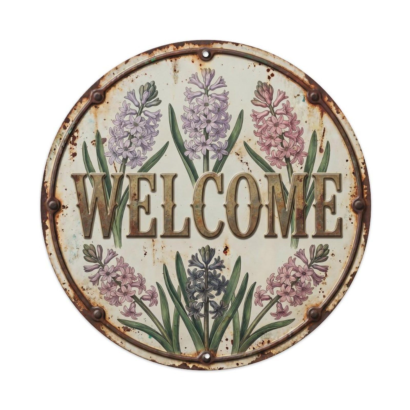 Welcome Botanical Floral Greeting Label Hyacinth Metal Tin Sign