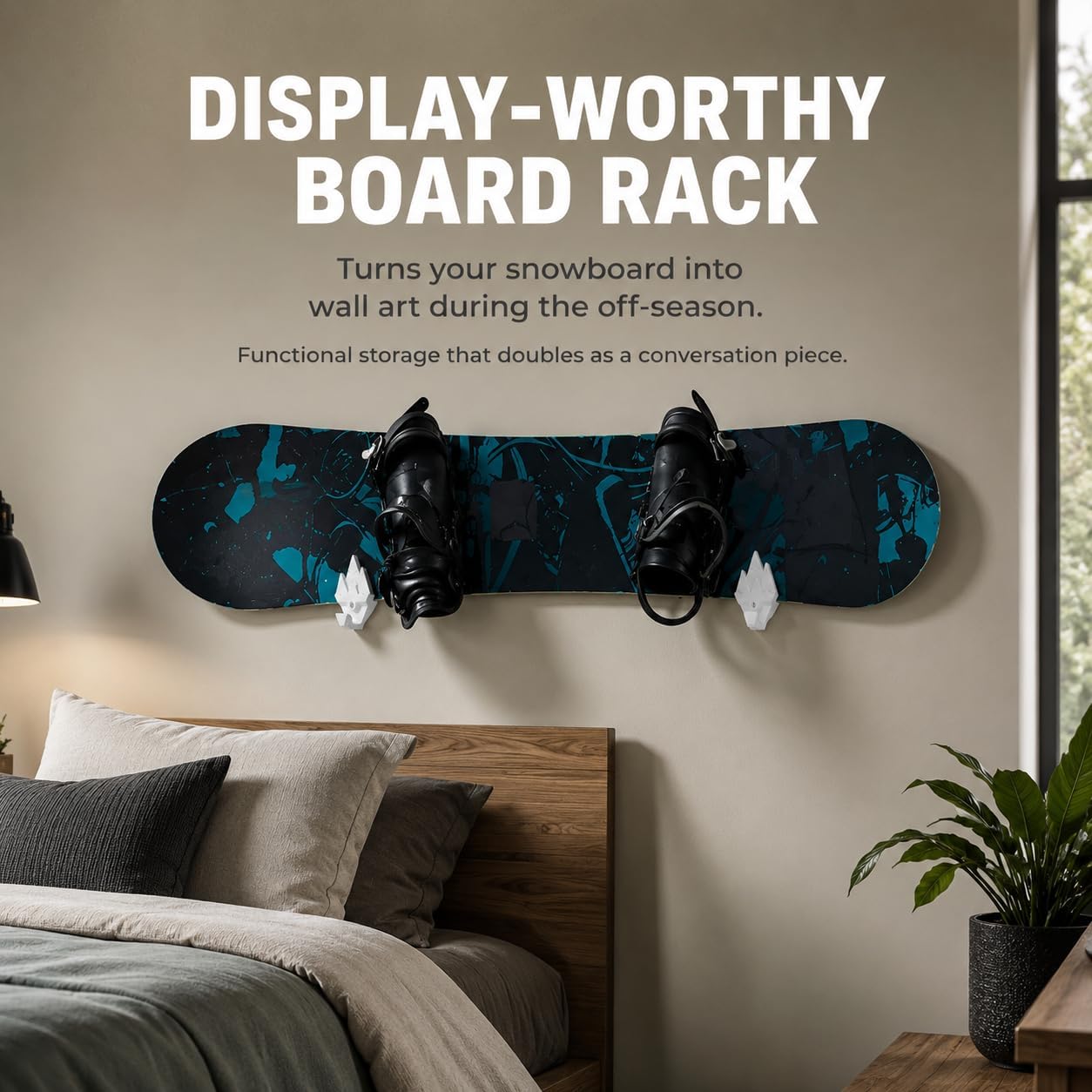 SplashNColor Snowboard Wall Mount – Horizontal Board Display Rack with Secure Screw-in Design | Space-Saving Storage Hanger for Garage Bedroom Dorm | Keeps Boards Off the Floor and