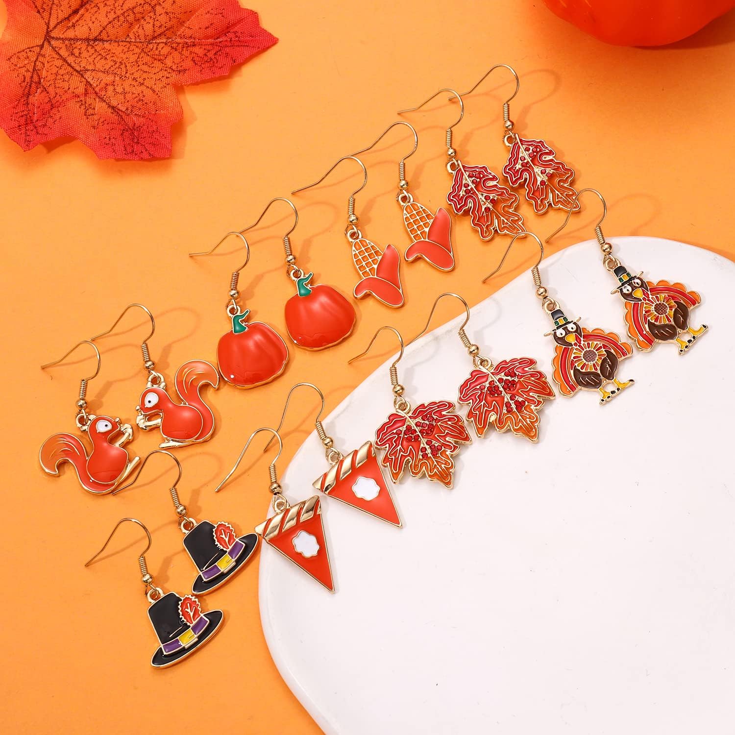 NVENF 9 Pairs Thanksgiving Fall Earrings Harvest Pumpkin Maple Leaf Stud Earrings for Women Cute Squirrel Turkey Dangle Earrings Thanksgiving Autumn Party Jewelry Gifts - Image 3
