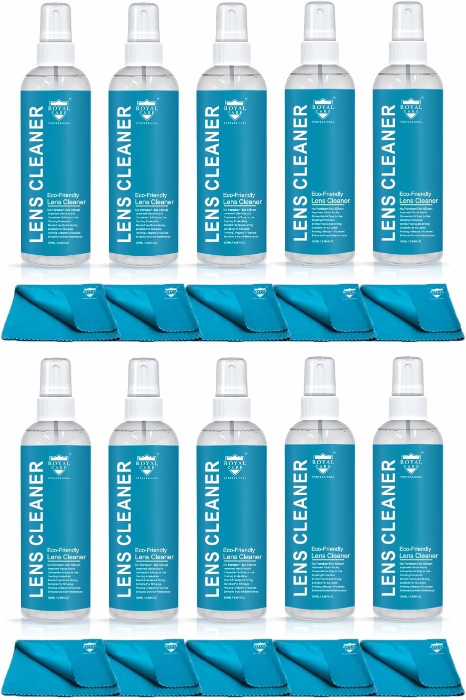 Royal Care Lens Cleaner Spray 100 ML Pack Kit – Professional Lens Cleaner Spray with Microfiber Cloths – Best for Eyeglasses, Cameras, and Lenses - Safely Cleans Fingerprints, Dust, Oil (Pack of 10)