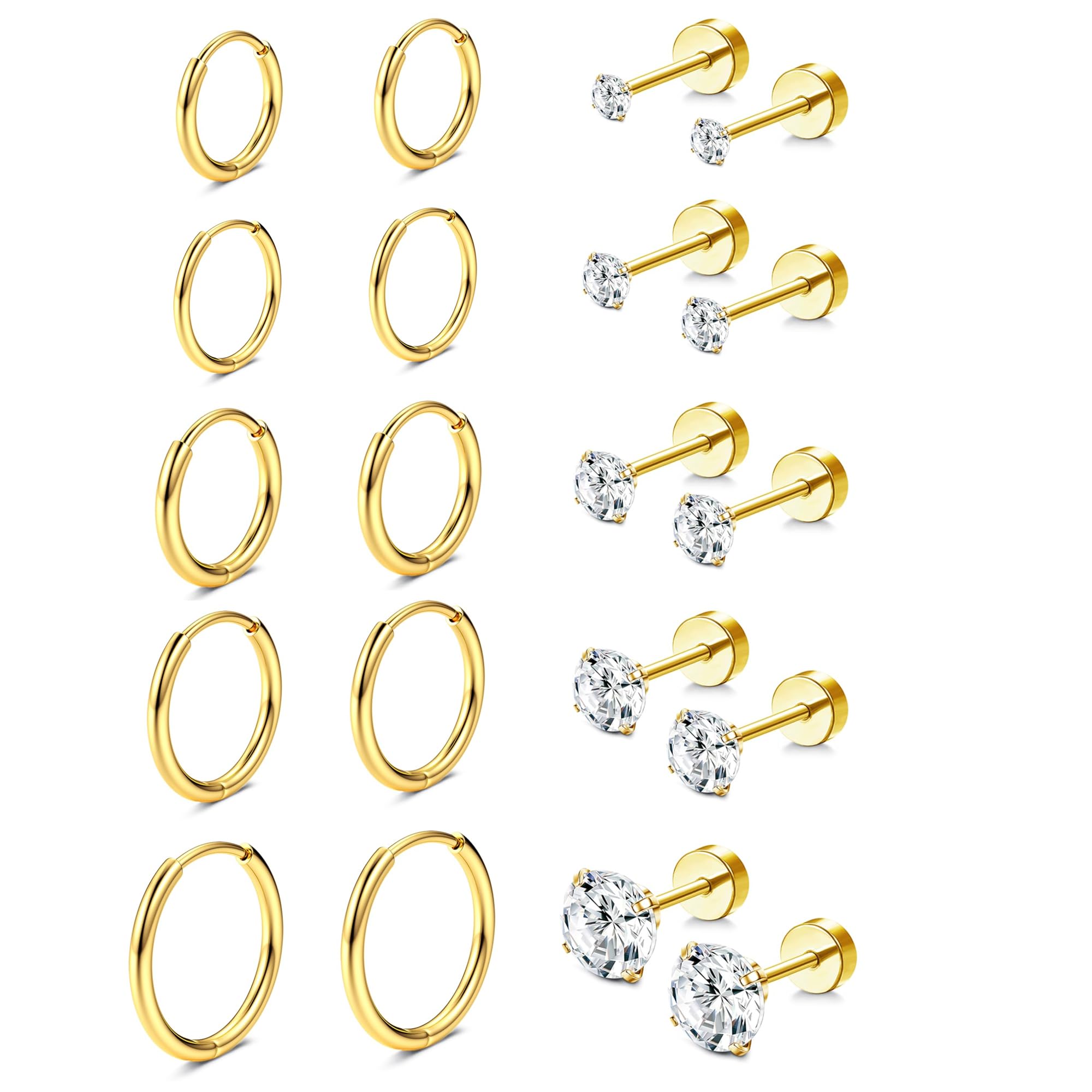 Diamday 10 Pares Pendientes para Mujer Niñas Acero Inoxidable 20G Cartílago Pequeño Pendientes Hipoalergénicos Circoniña para Piercings Múltiples Piercing Oreja Joyería Plata Oro