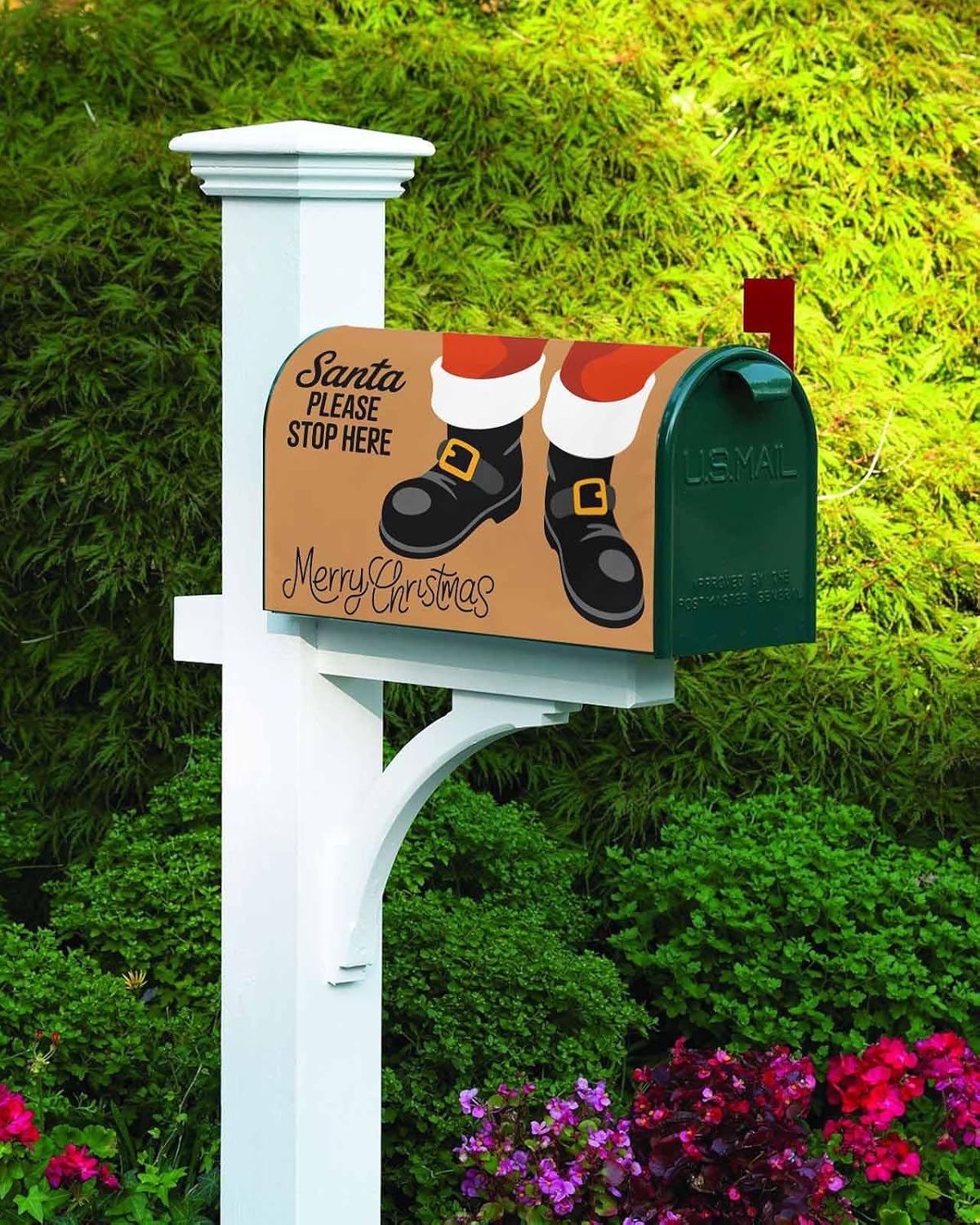 Santa Please Stop Here Mailbox Covers Magnetic Standard Size,Decorative Post Letter Numbers Box Wrap Decoration Covers Accessories for Garden Décor,Christmas Santa Red Brown Black Winter 21.7"x18.5"