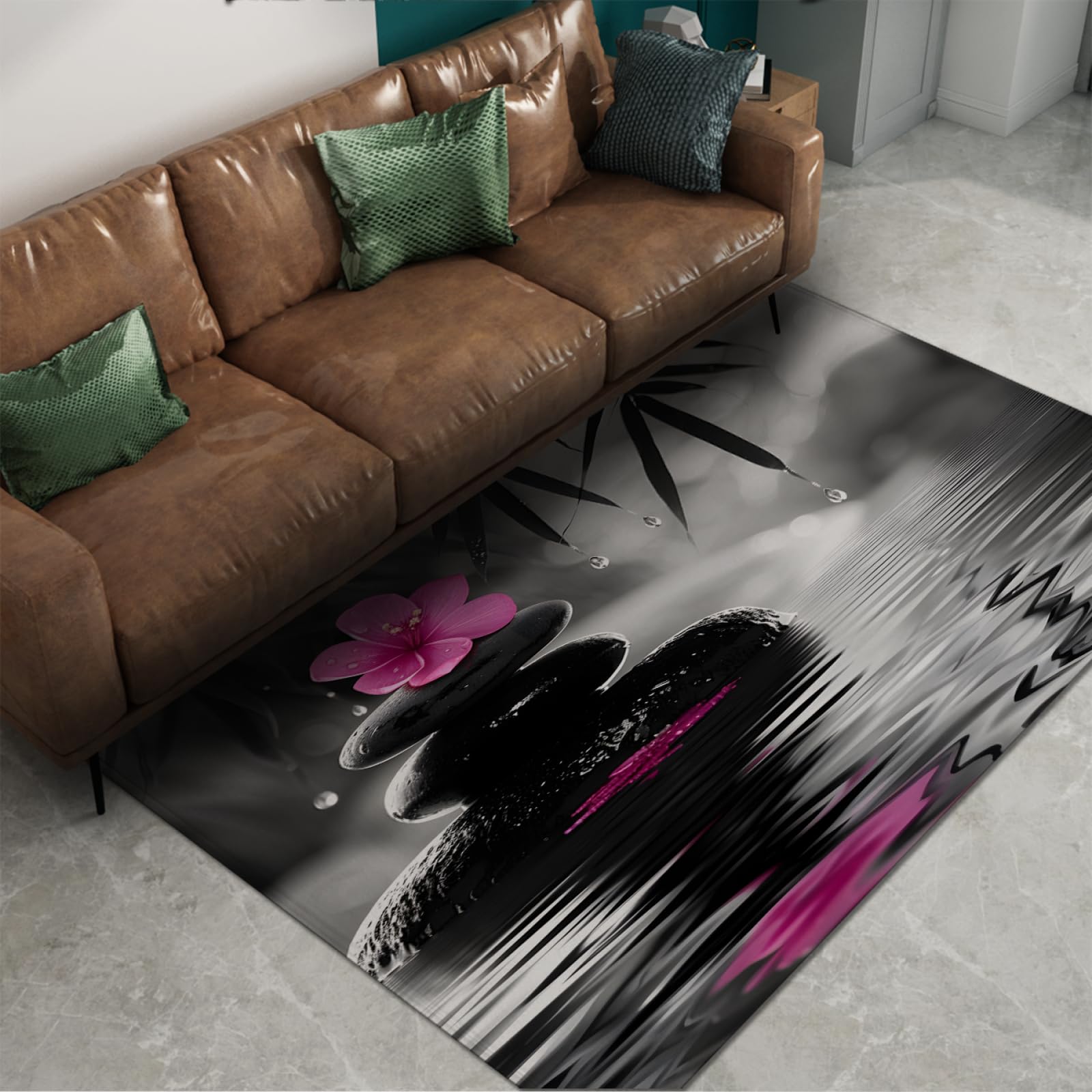 Méditation Art Tapis Orchidée Zen Pierre Motif Tapis d’intérieur antidérapant pour la décoration de la Maison inspirée du Spa Salle de Bain Porte Gris 160x200cm