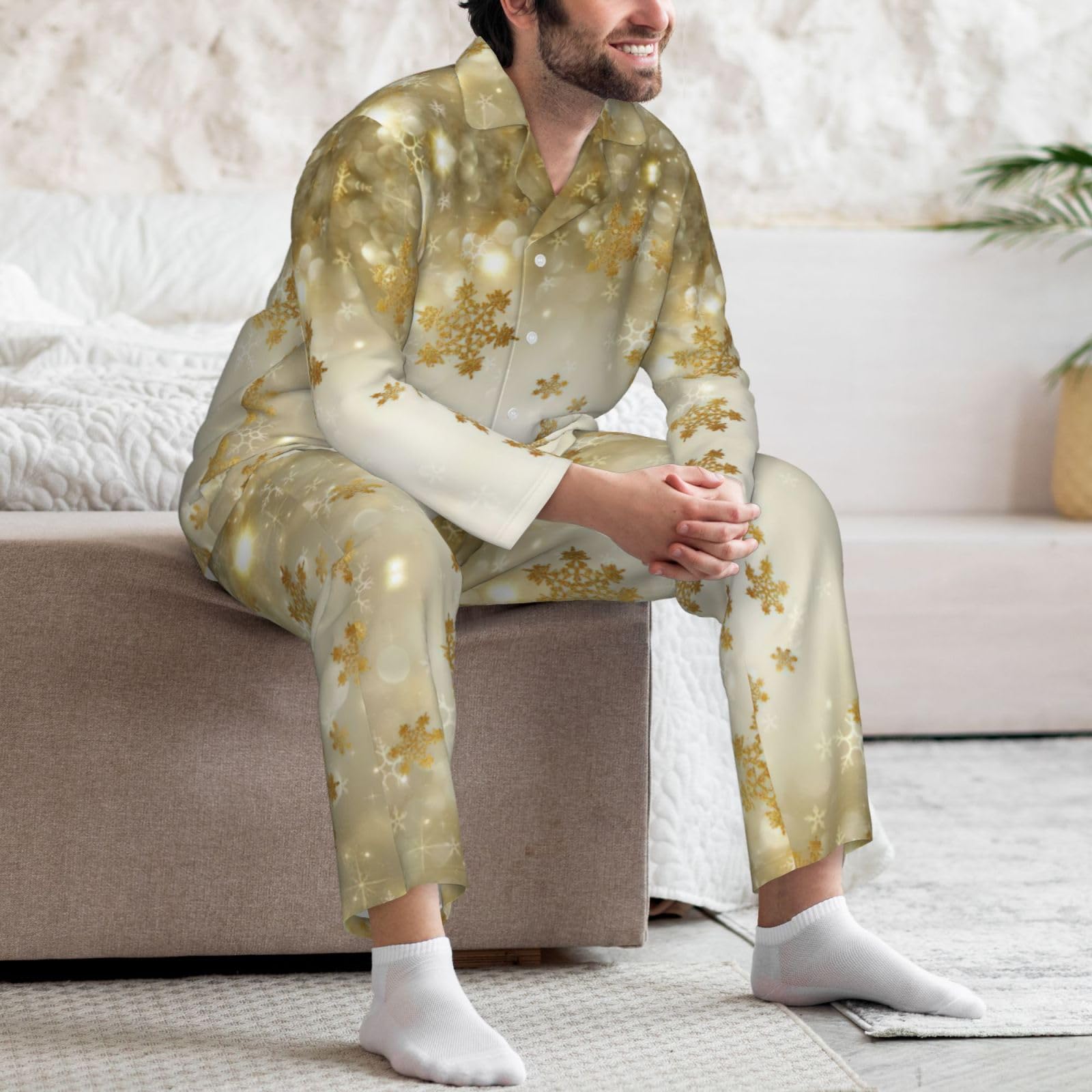 Weihnachtspyjama-Set für Herren, aus Seide, langärmelig, Hemd und Hose, 2-teilig, goldfarben