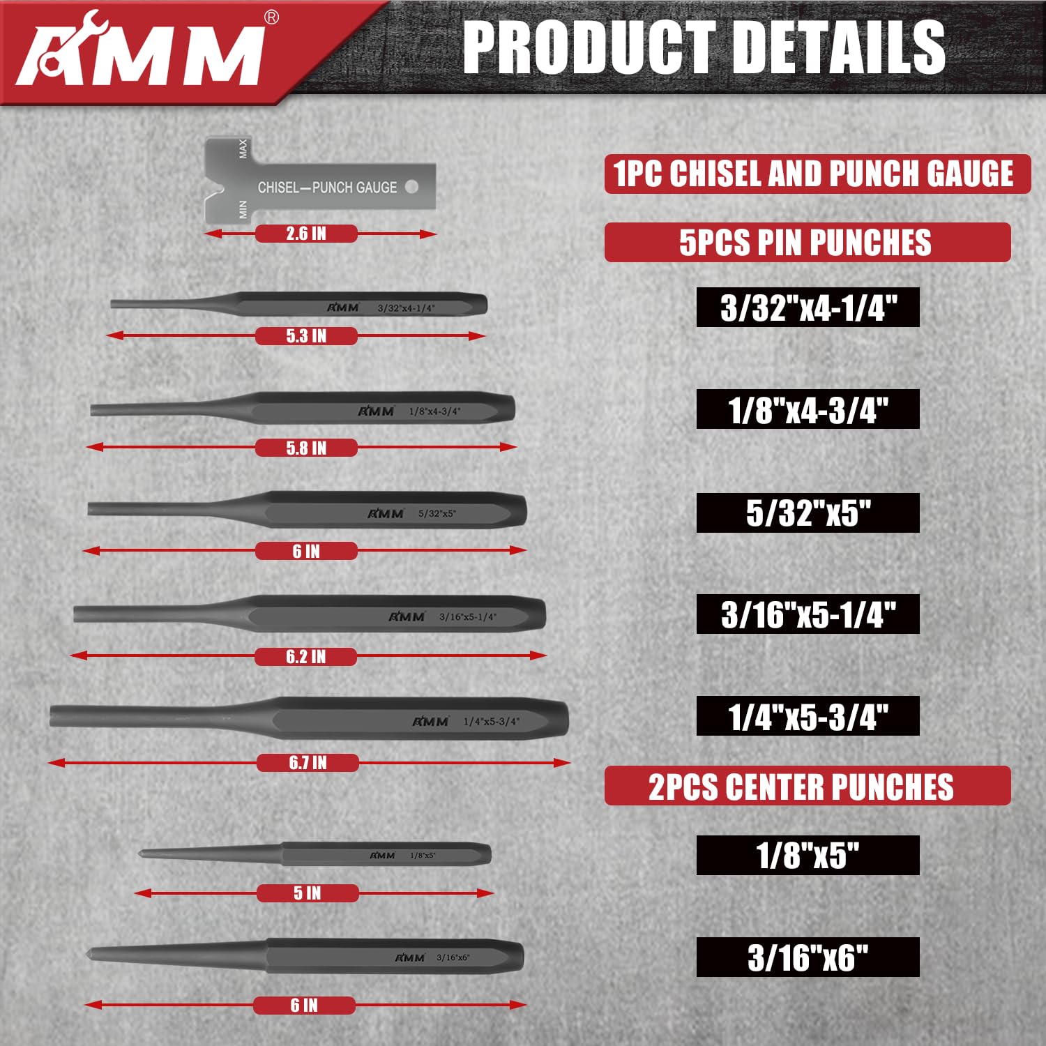 AMM Juego de 16 perforadores y cinceles, incluyendo punzón cónico, cinceles fríos, punzón de pin y perforador central, Cr-V, ideal para trabajar con madera, metal, automoción