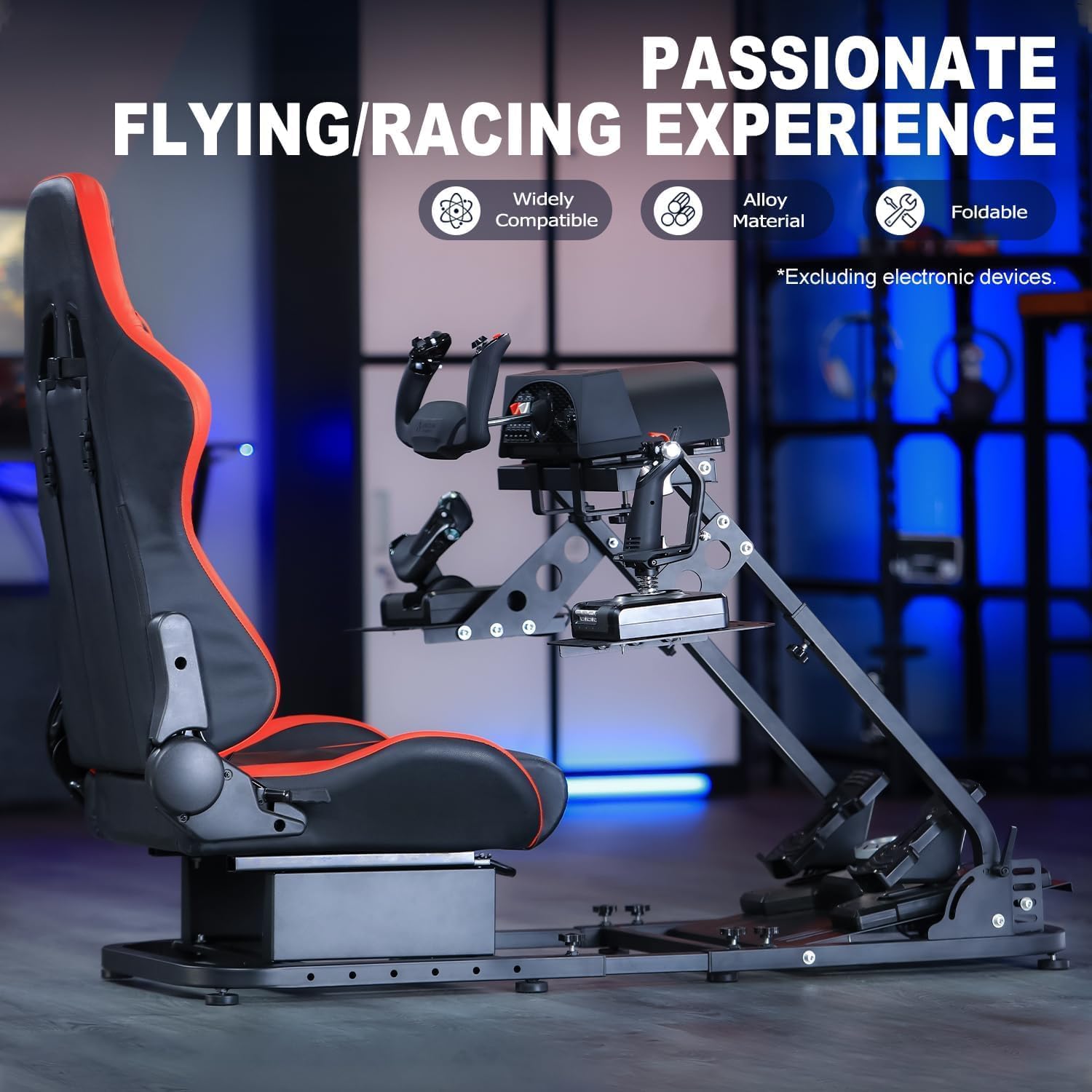 Marada Flight Sim Cockpit with Red Seat and Racing Wheel Stand for Driving and Flight Simulator Fit for HOTAS Warthog, Thrustmaster,Logitech Adjustable |Throttle,Joystick,Keyboard not Included|