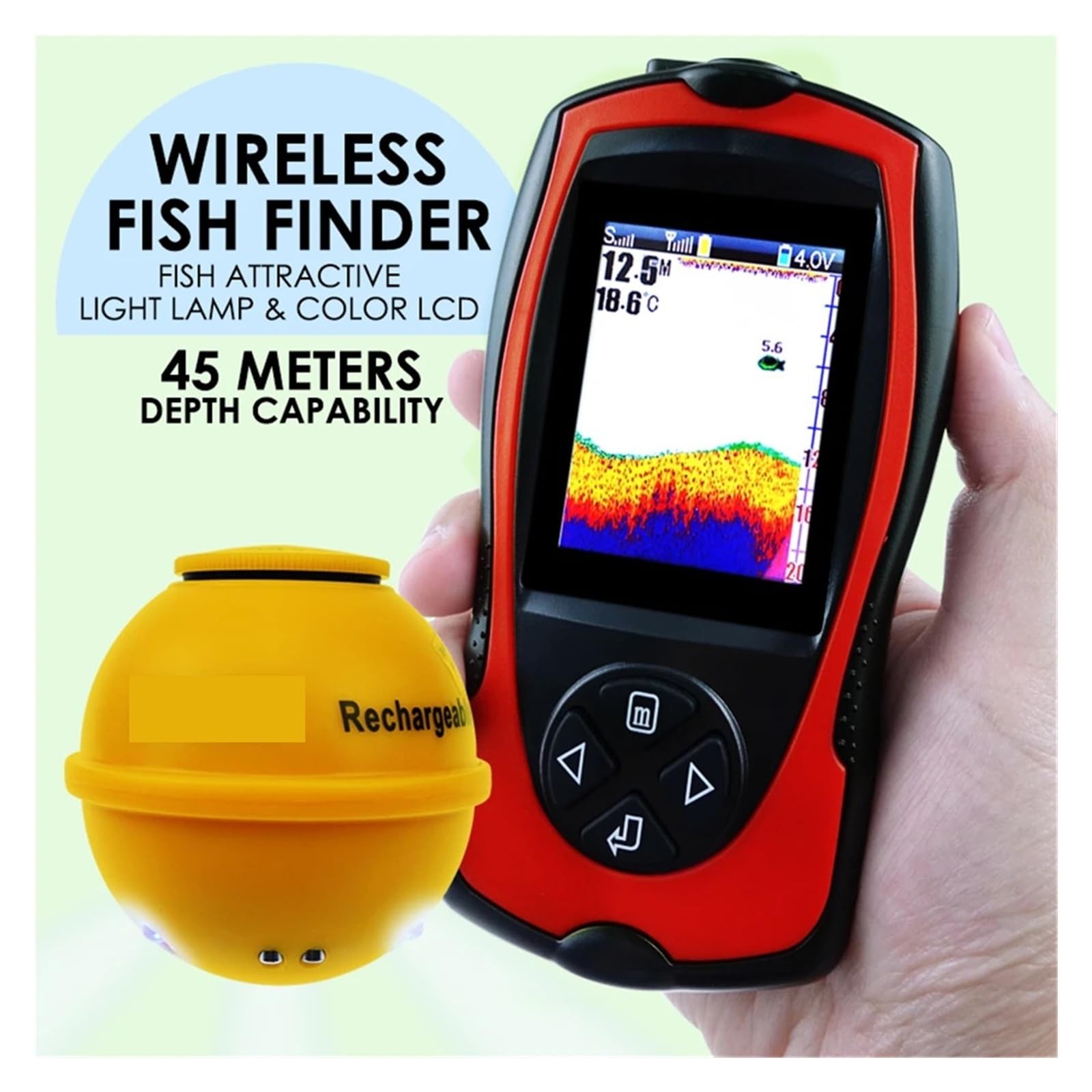 Ecoscandaglio Fish Finder Sensore wireless ricaricabile con profondità dell'acqua 45M,Alta definizione