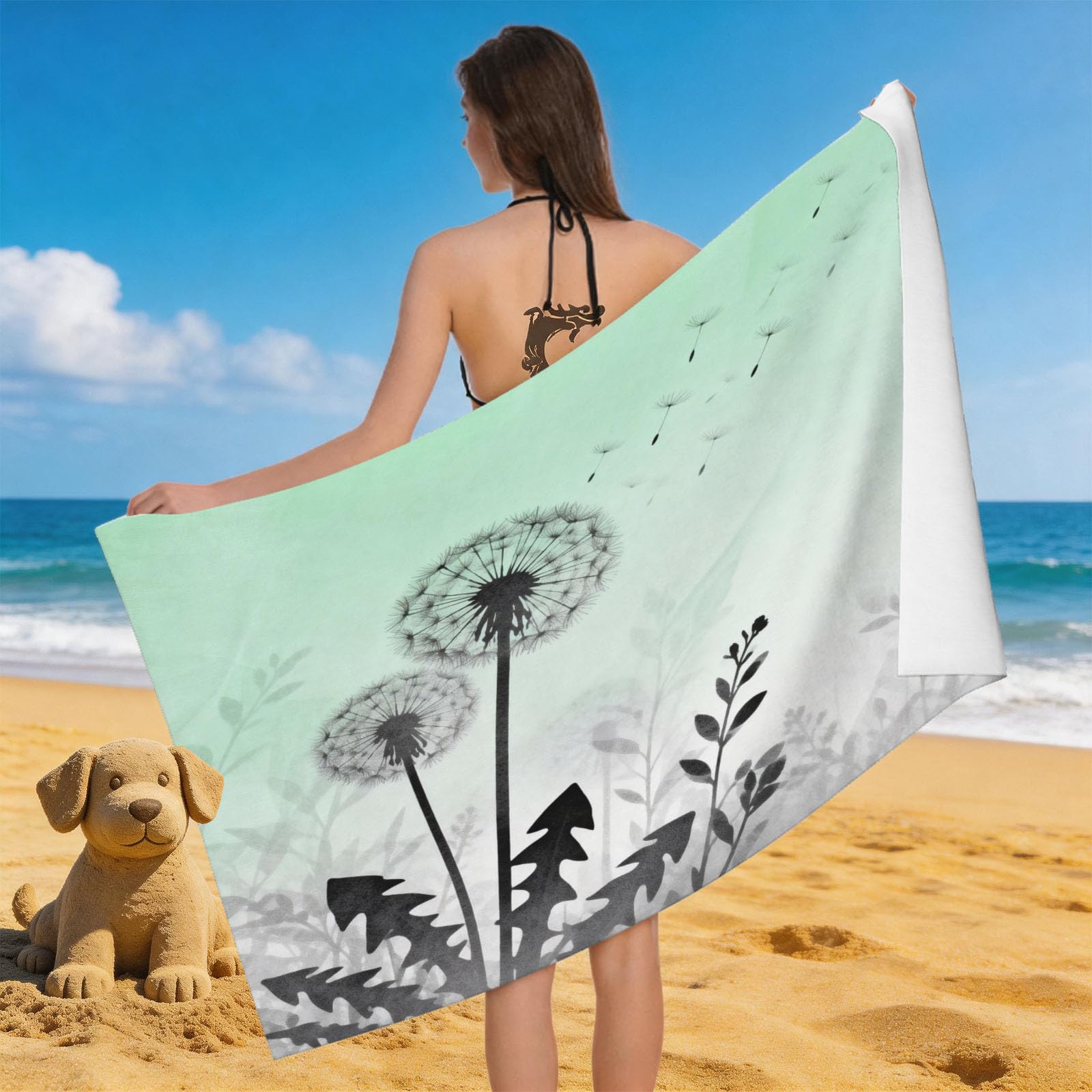 Leichong 3D Dandelion Silhouette Beach Towel Large Microfiber Soft Quick Dry for Adults, Cartoon Bath Towel Lightweight Soft Absorbent for Travel Swimming Pool Sports, 180 x 90 cm