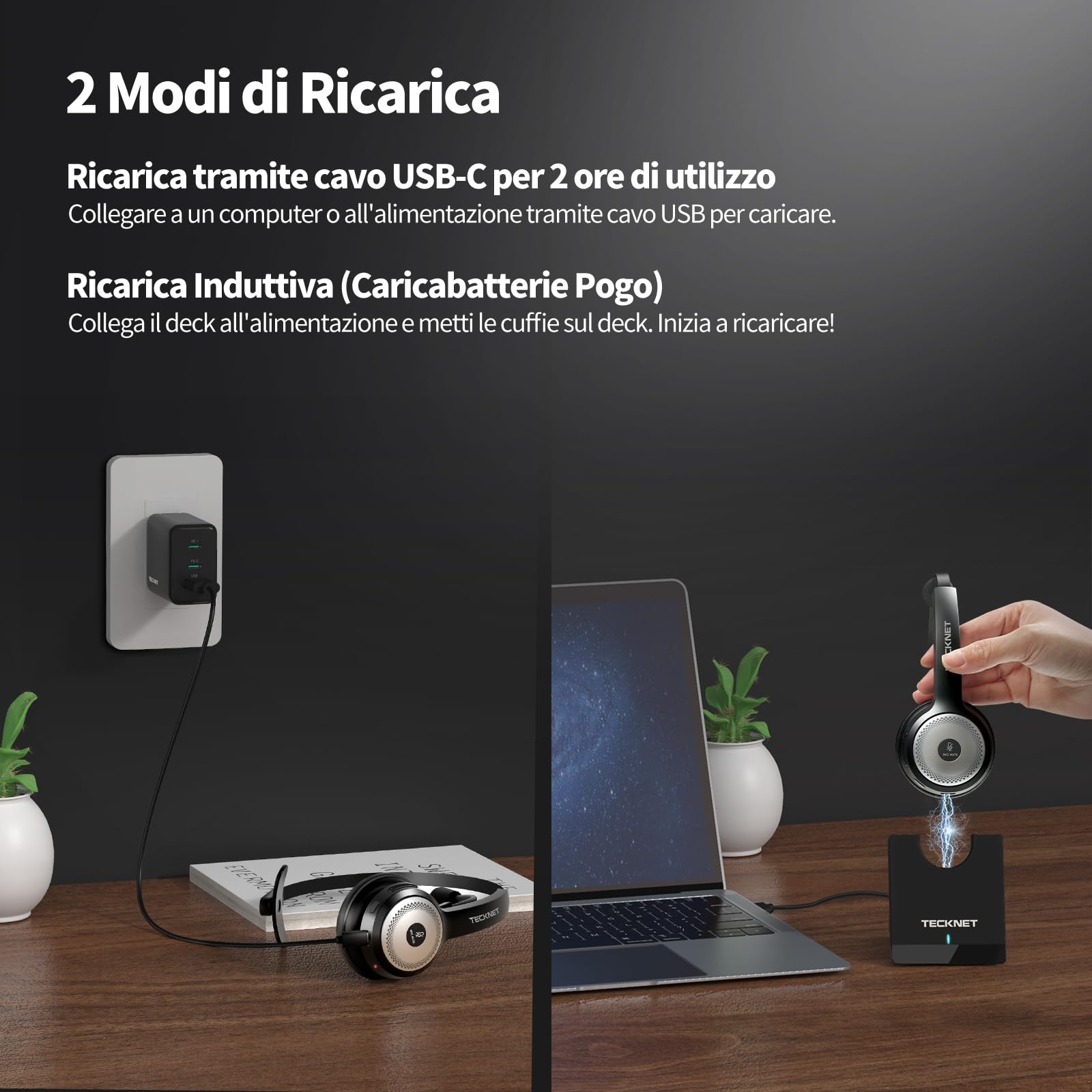 TECKNET Cuffie Bluetooth Senza Fili con Microfono, Cuffie Wireless per PC con Cancellazione del Rumore AI, Cuffie sull'orecchiocon Stazione di Ricarica, per Camionista, Ufficio, Call Center