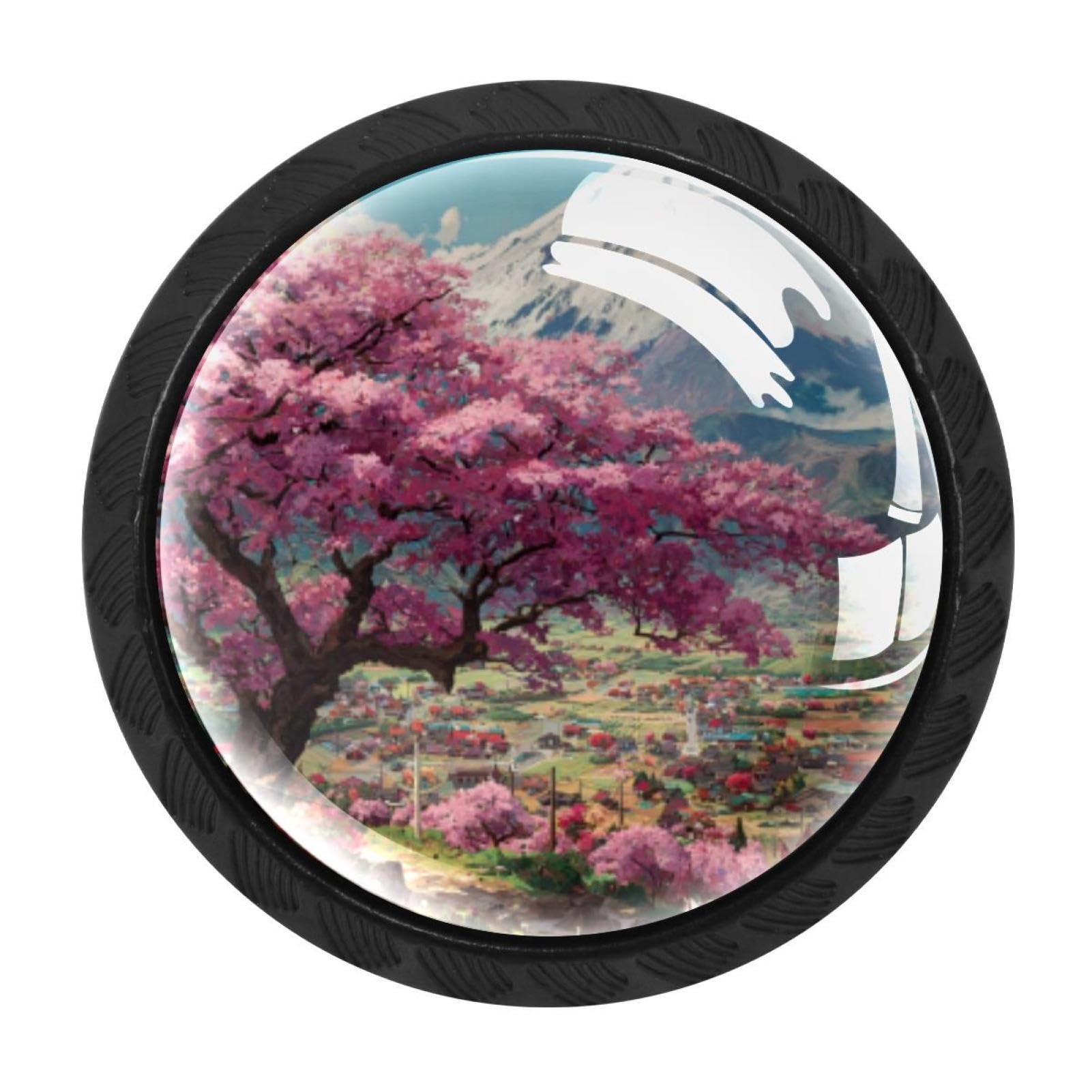 CHENZZZZ 4 Pack Japanese Fuji Mount Cherry Blossom Lands (3) Drawer Knobs Round Shaped Crystal Glass Cabinet Knobs Pull Handles