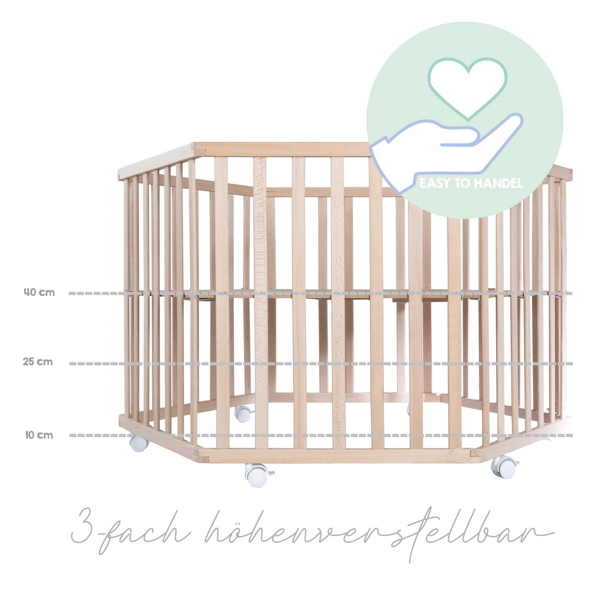 roba parc hexagonal avec tapis au design 'Little Stars' – bois massif de hêtre – parc réglable en hauteur sur 3 niveaux – mobile et sécurisé grâce aux roulettes freinées – bois naturel