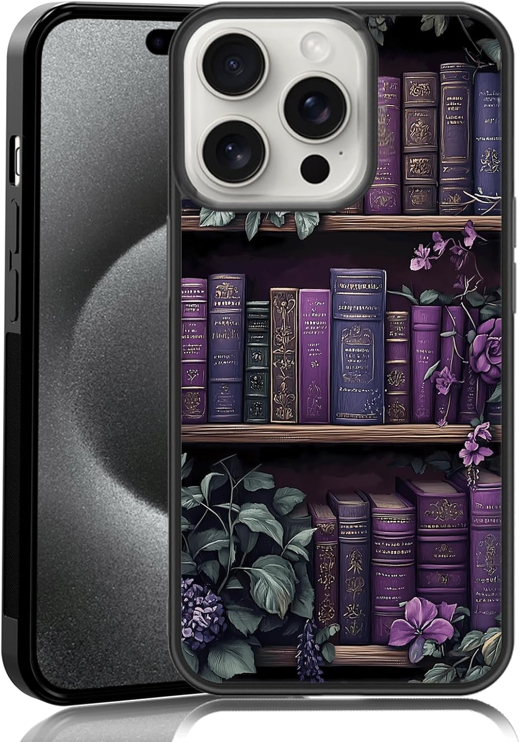 Vintage Purple Bookcase Phone Case Fit for iPhone 15 Pro — TPU Mystical Book and Floral Phone Cover Gift for Boy Girl Men