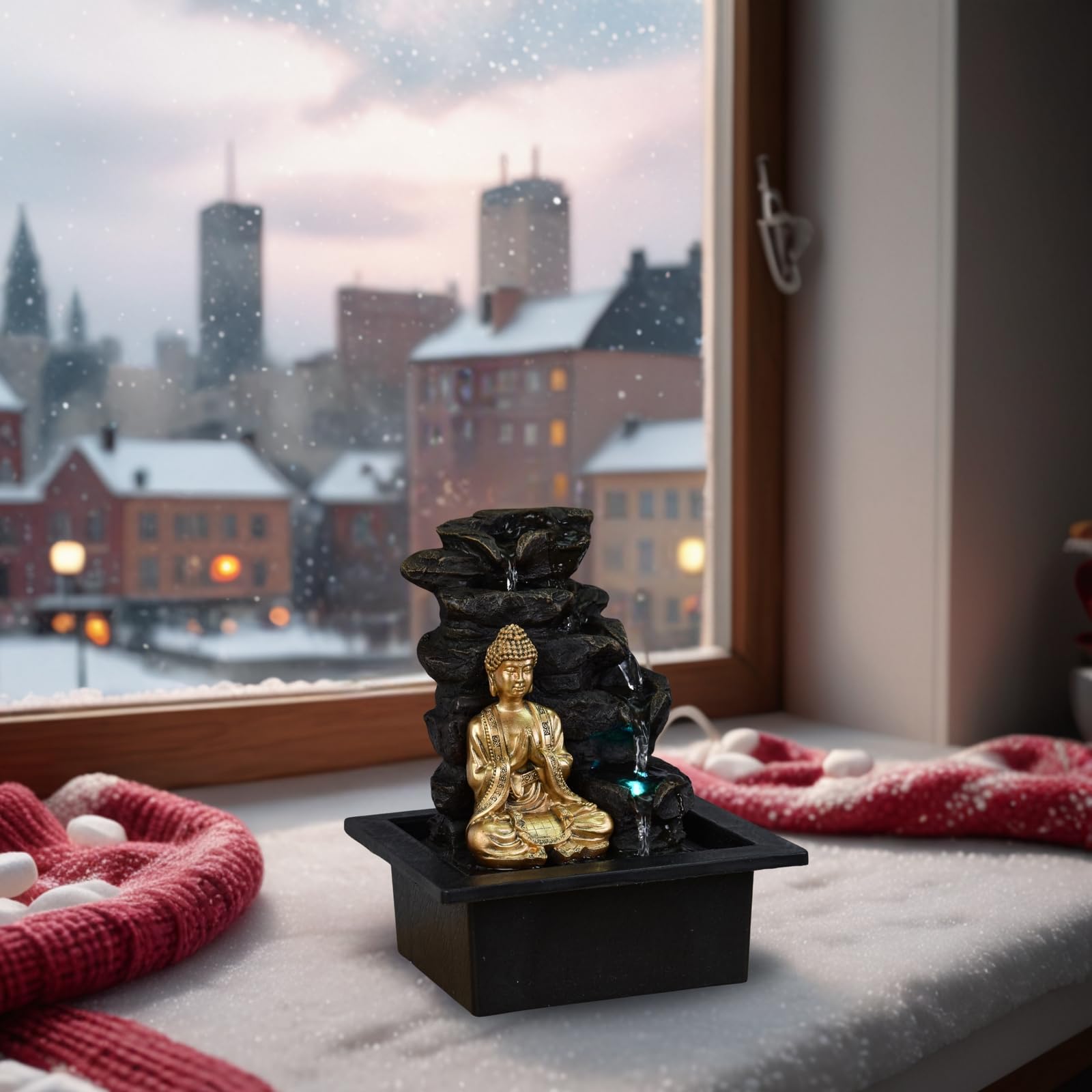 Zen Light - Shira, fontana da interno con pompa e Illuminazione a LED, in resina, nera, misura unica