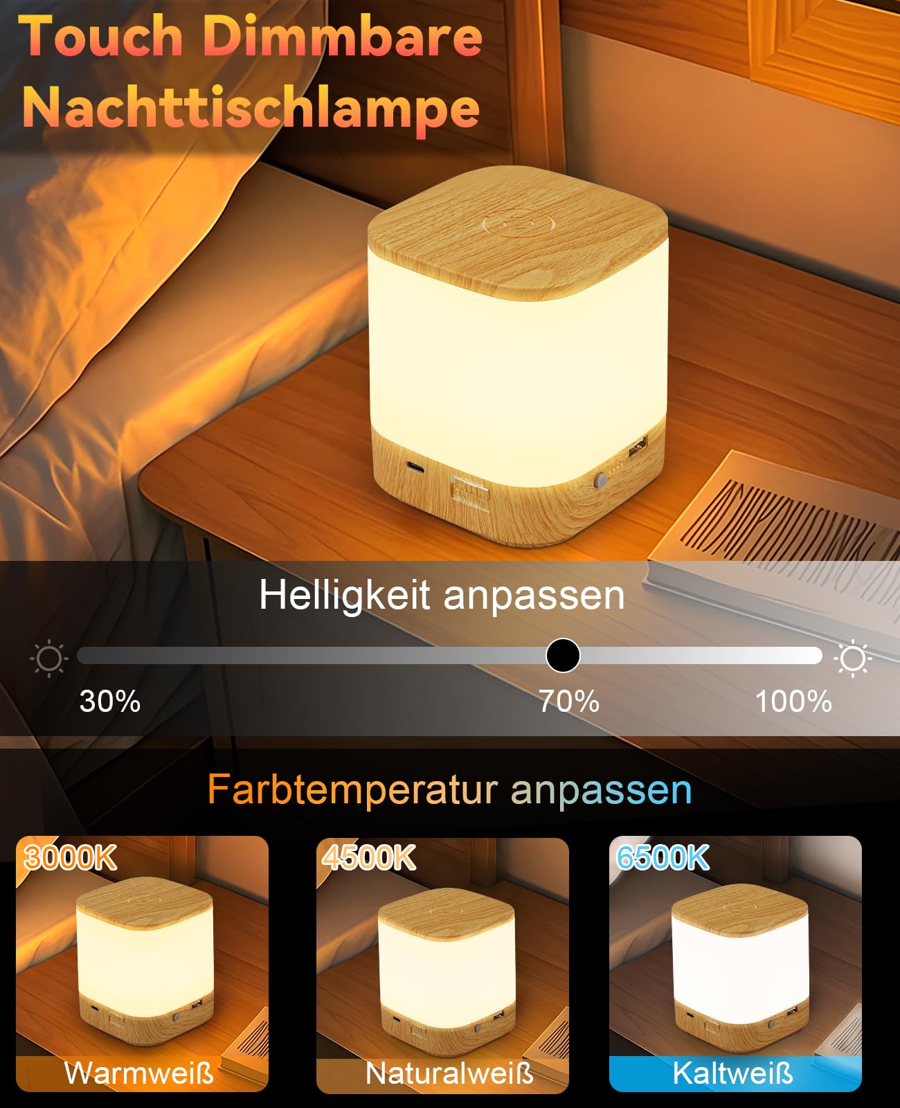 Homefire Lampada da Comodino LED 2ER Touch Dimmerabile: Lampada da Tavolo con Batteria 3600mAH, Ricaricabile USB, Lampada da Comodino Senza Fili con 3 Temperature di Colore e Timer, Luce Notturna per