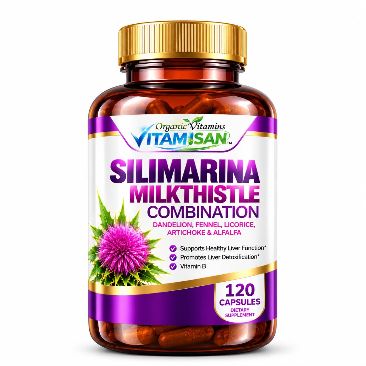 VITAMISAN Milk Thittle silimarina με Dandelion, Φενέλ. Licorice, Artichoke Alfalfa Detox & Cleansing Formula Υποστήριξη ήπατος 120 κάψουλες