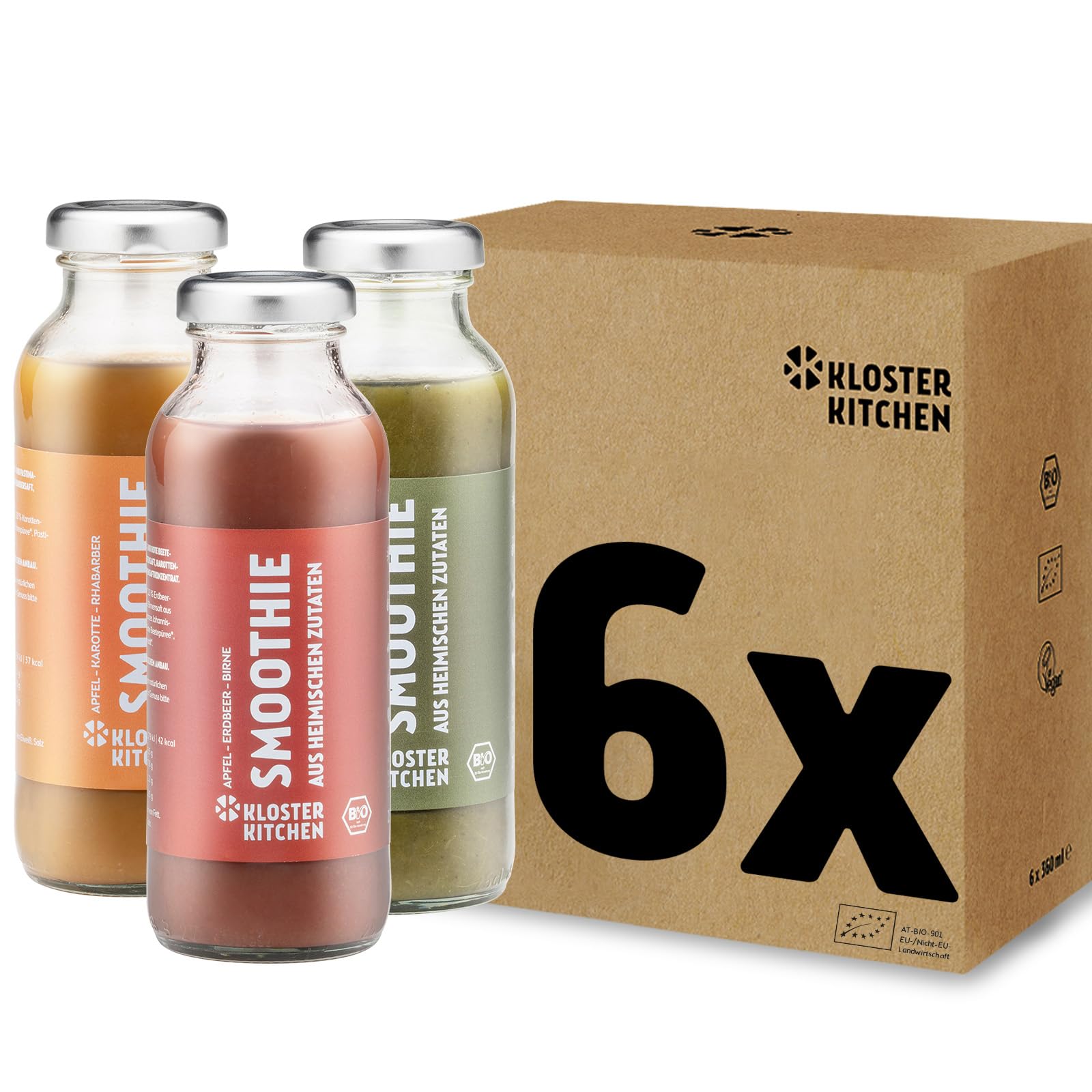 Mix de Smoothies bio Kloster Kitchen 6x 250 ml, 3 saveurs I Set rouge jaune vert vegan | Superfood petit-déjeuner I Bouteille en verre à emporter I Superaliment - Fraises, Carottes, Concombre.