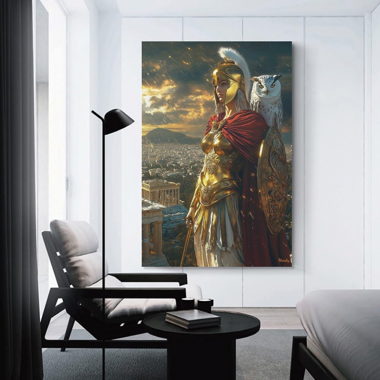 Junmoney Goddess Athena Statue with Owl Decorative Wall Artwork 20x30inch(50x75cm), for New Homes, Bedrooms Or Workspaces, A Wall Art Gift for Fresh Interiors