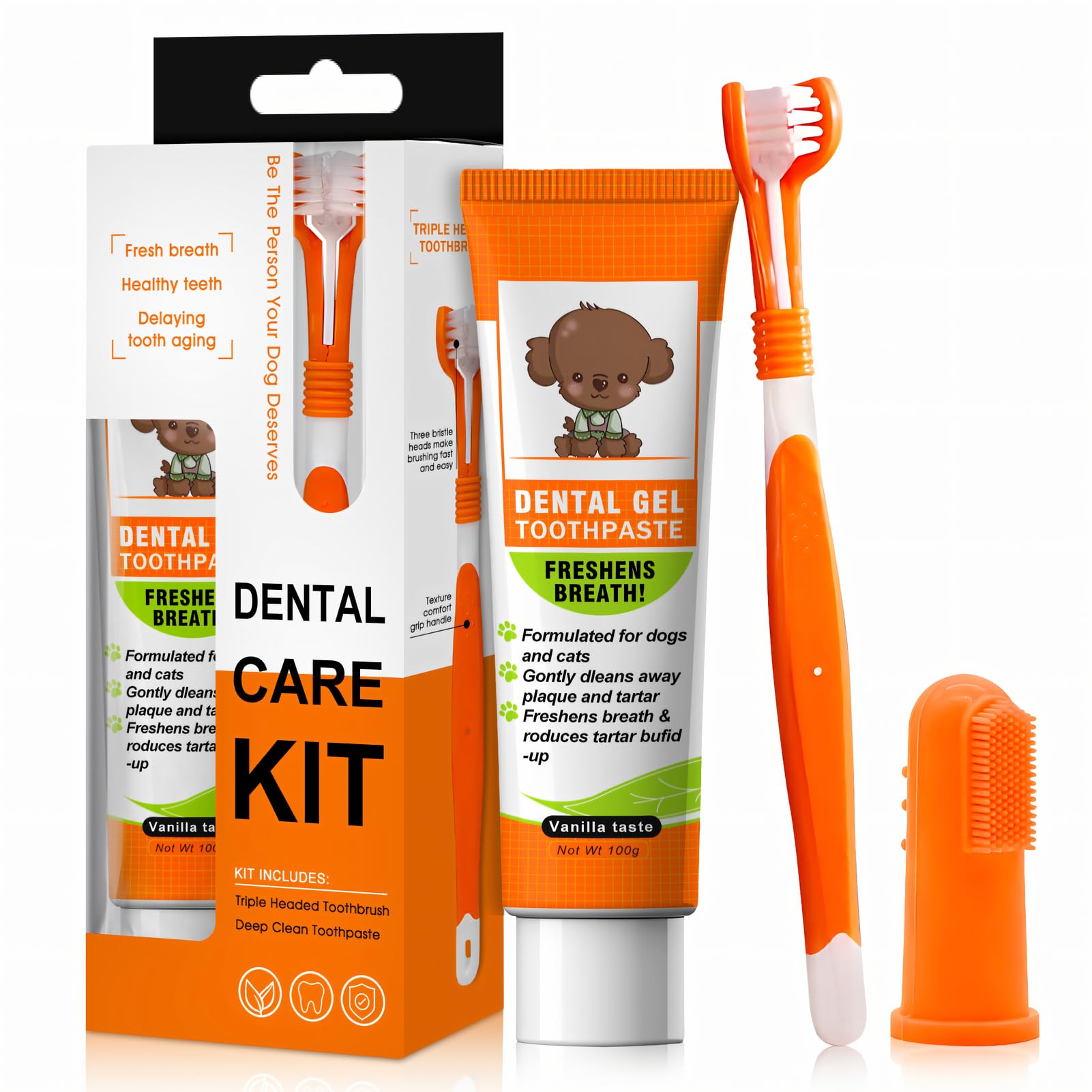 Dog and Cat Toothpaste, Natural Vanilla, 100 g, Includes Triangular and Finger Toothbrush, Freshens Breath, Cleans Plaque and Tartar