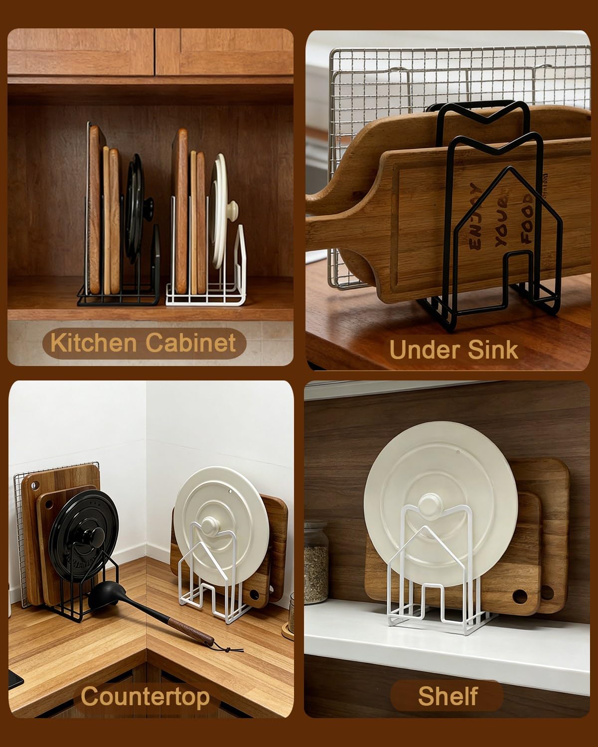 SUNIFCON stojak na deskę do krojenia, organizer na deskę do krojenia, stojak uchwyt kuchenny na blat garnki pokrywki stojak organizer płaska stal 10 cm dł. x 14 cm szer. x 20 cm wys. czarny