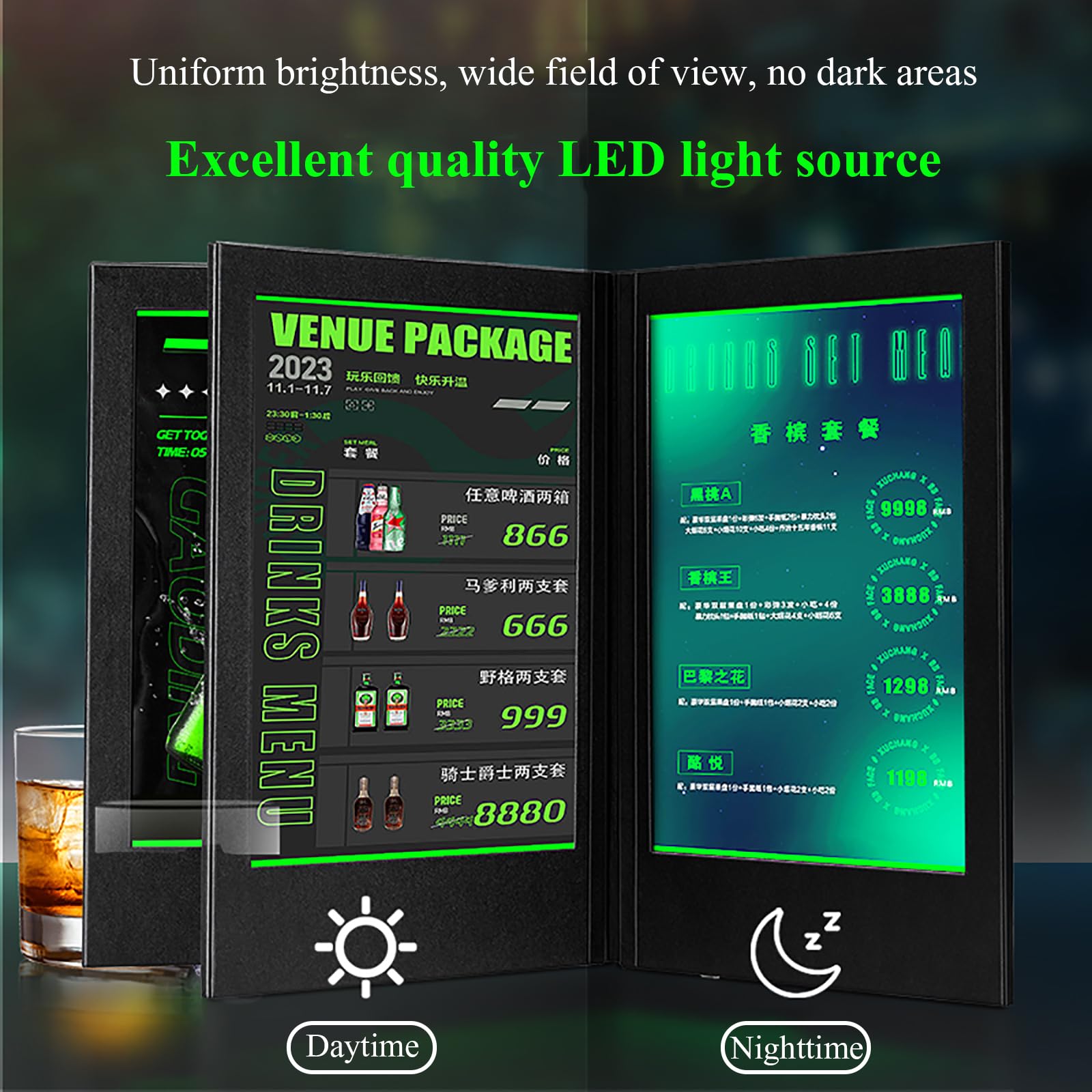 Tablero Publicitario LED, Tablero Luminoso para Pedidos De Barra, Apertura Y Medición, Detección Automática, Puede Mostrar Menús De 4 Lados, para Restaurantes, Bares Y Discotecas.