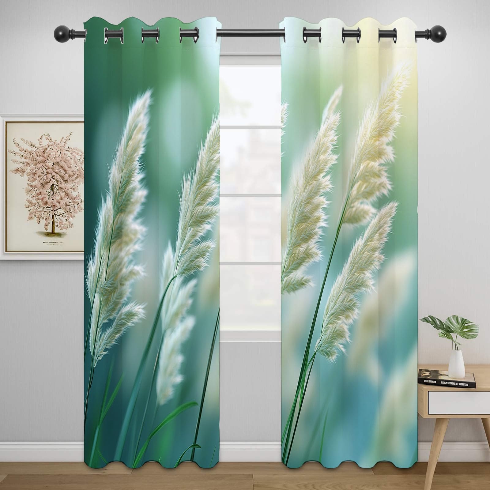 Boho Vintage Blumen Vorhänge Natürliche Pflanzenmuster Muster mit Ösen in Grau Schlaufenschal 2er Set für Wohnzimmer Schlafzimmer Kinderzimmer-H240 x B140 cm (2er Pack)