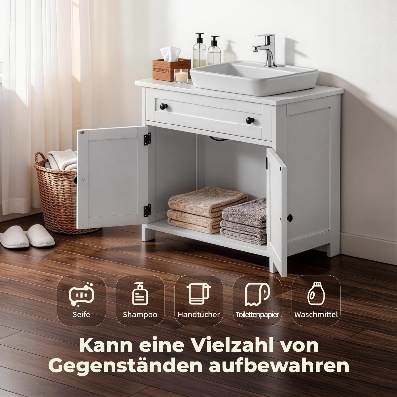 LEADZM Waschbeckenunterschrank, Badezimmerschrank, Aufbewahrungsschrank, 2 Türen 1 Schubladen, Viel Stauraum, Moderner Stil, 30 x 60 x 60 cm (Weiß)
