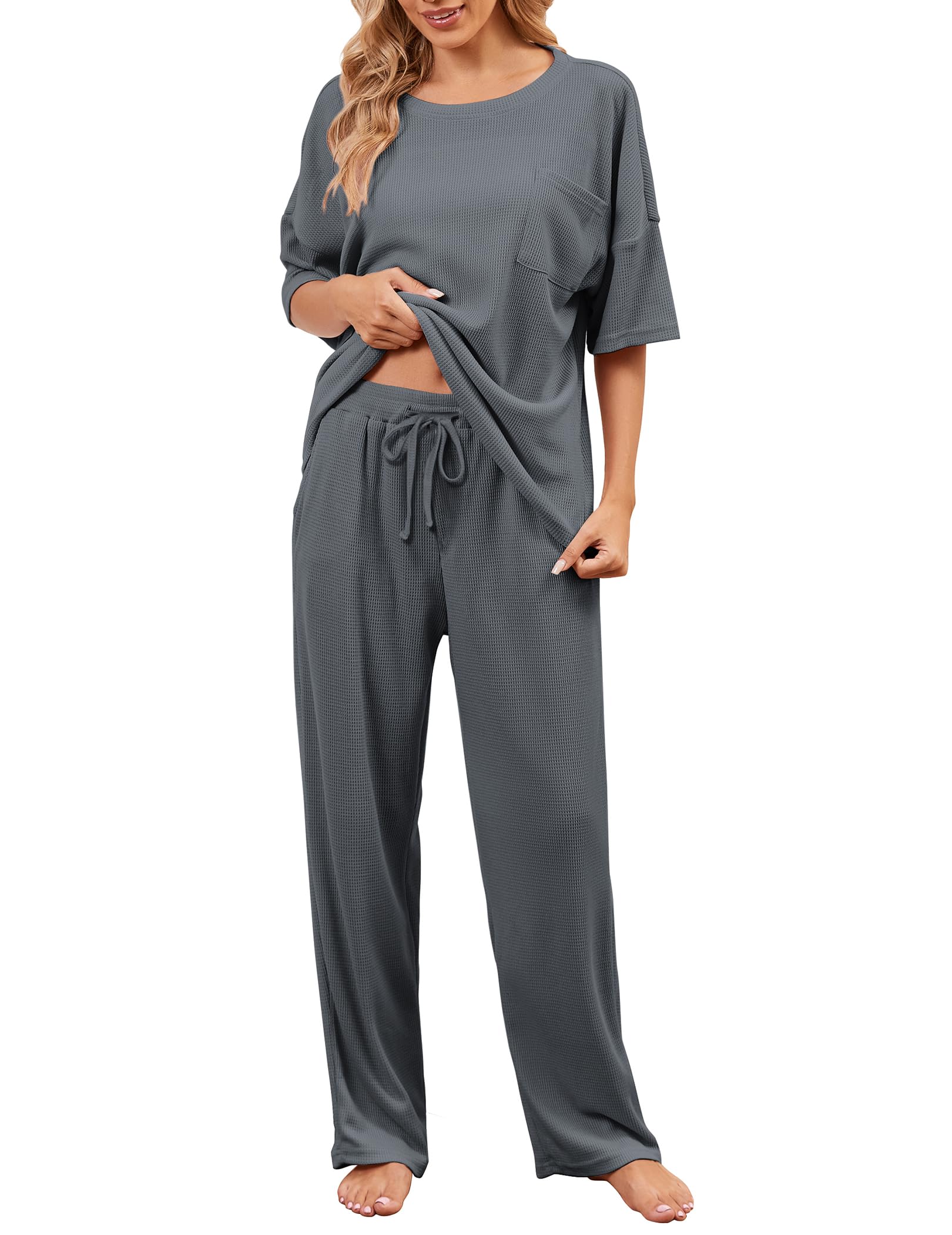 JiniGolla Womens Pajama Sets Waffle Knit Short Sleeve Shirt with Long Pajama Pants Soft Sleepwear Pj Lounge Sets