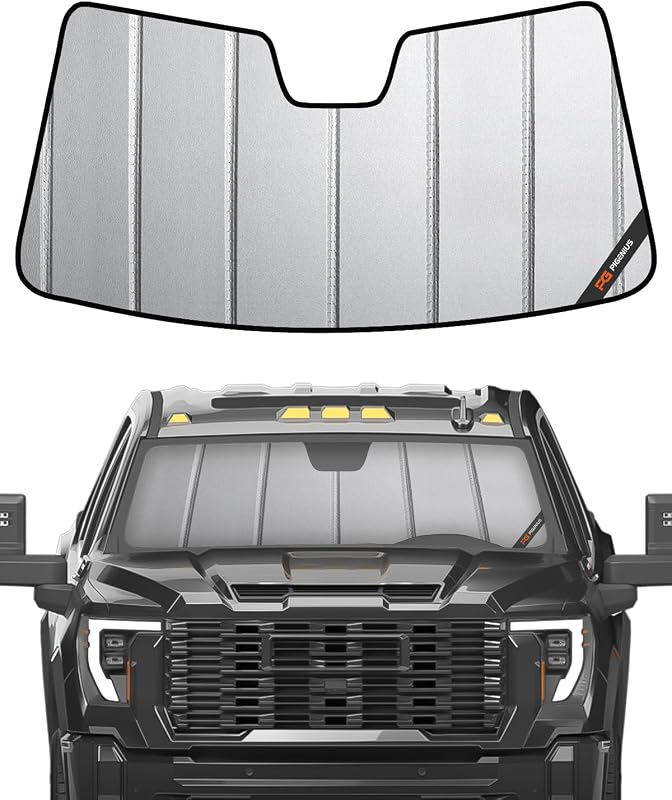 Windshield Sun Shade for Chevy Silverado & GMC Sierra 1500/2500/3500 2019-2026 (WT, Custom, Pro Trims) - Fits All Trims 2019-2021, Non-HUD Models Only, Premium Grey Leather Finish