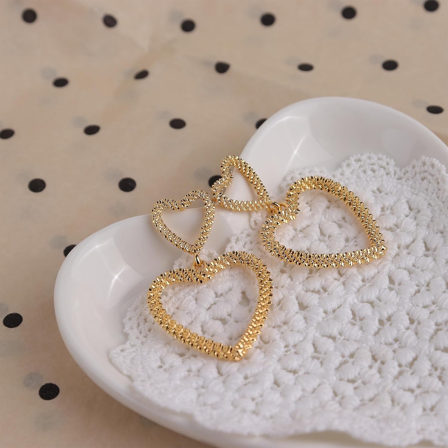 JeanBeau Big Gold Chunky Double Heart Hoop Dangle Drop Stud Earrings for Women, Mother Day Valentine Trendy Statement Love Dangling Earing Prom Jewelry Gift. - Image 6