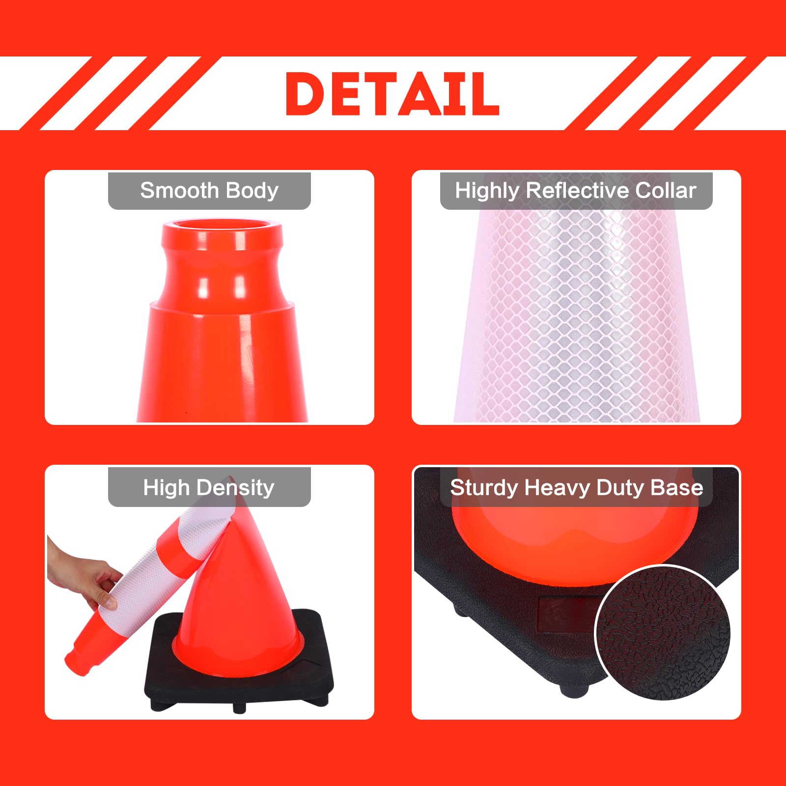 48 Pack Orange Traffic Cones 28 Inch With 6" & 4" Collar, PVC Plastic - View #8