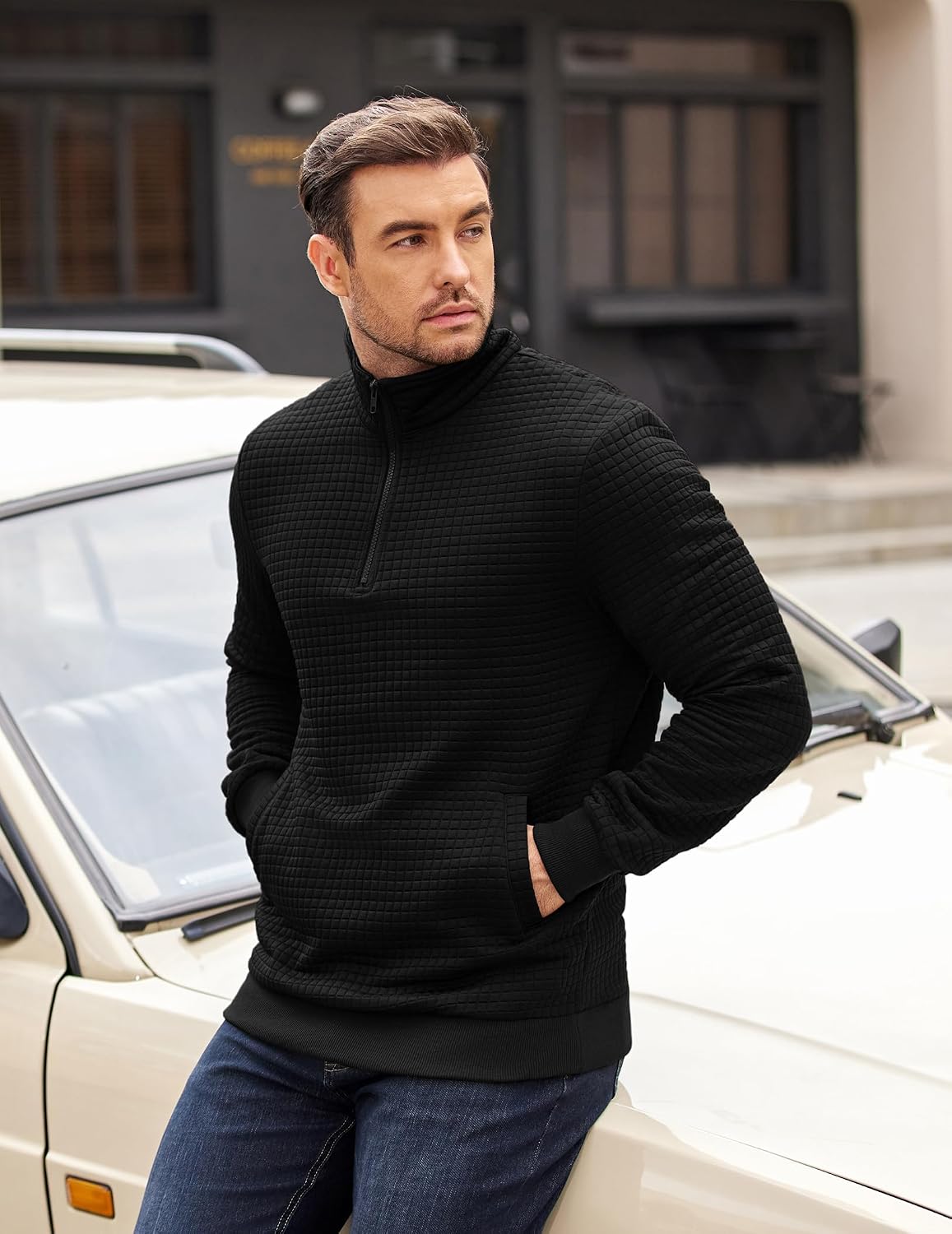 COOFANDY Mens Quarter Zip Pullover Long Sleeve Waffle Quilted Sweatshirt Casual Polo Sweaters with Pocket
