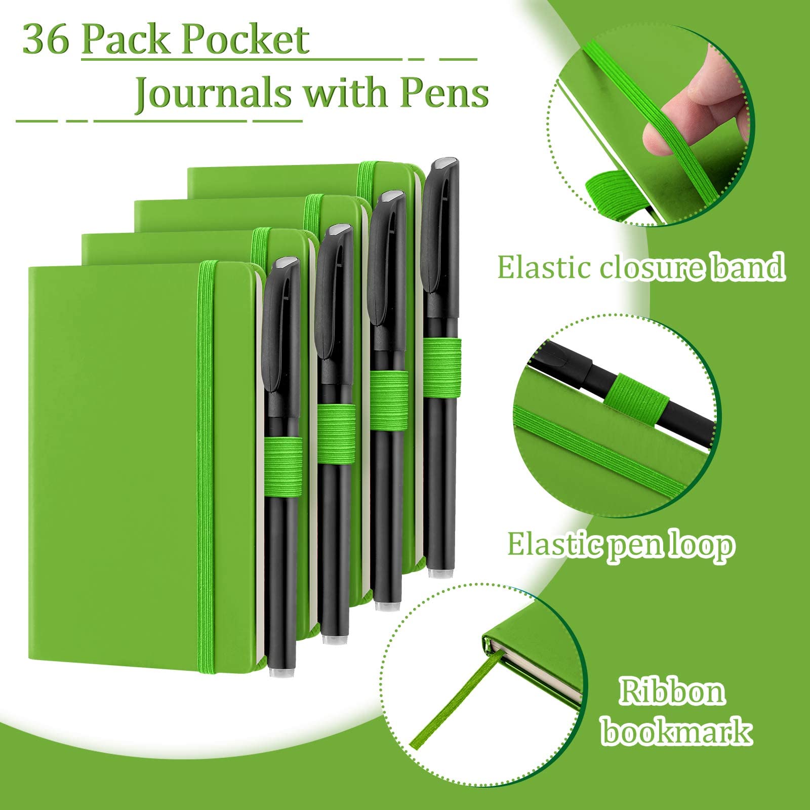 Laumoi Lot de 36 carnets de poche avec stylos - Format A6 - Mini bloc-notes lignés et lignés - Couverture rigide - Avec porte-stylo - Pour l'école, le bureau - 9,4 x 14 cm (vert)