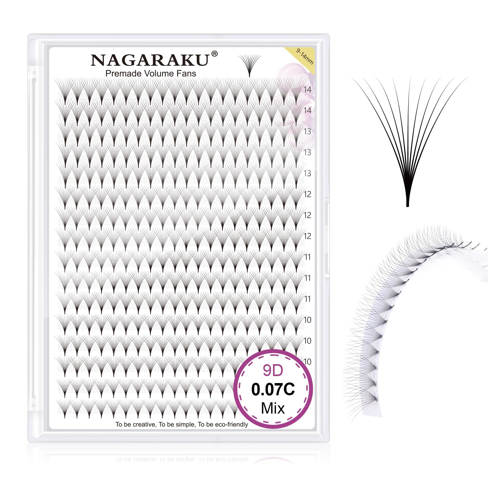 NAGARAKU Eyelash Extensions 320 Clusters Premade Fans Russian Volume Long Stem Premade Fans Thin Pointy Base Natural Pre Fanned Fluffy False Eyelash Black 16 Rows (9D 0.07 C Curl 9-14mm Mix Tray)