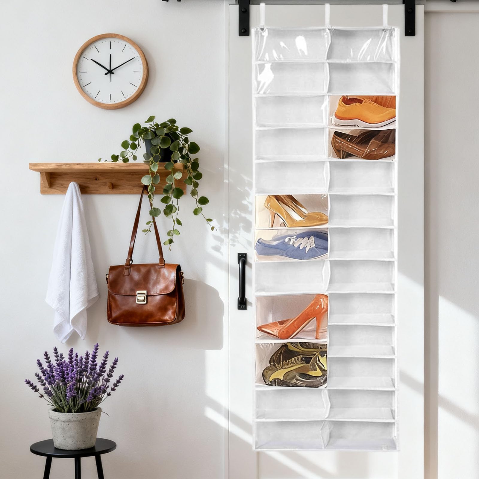 Organizador de almacenamiento para puerta colgante con 26 bolsillos transparentes, soporte plegable de 160 x 56 cm para zapatos, sudaderas, ropa y organización del hogar