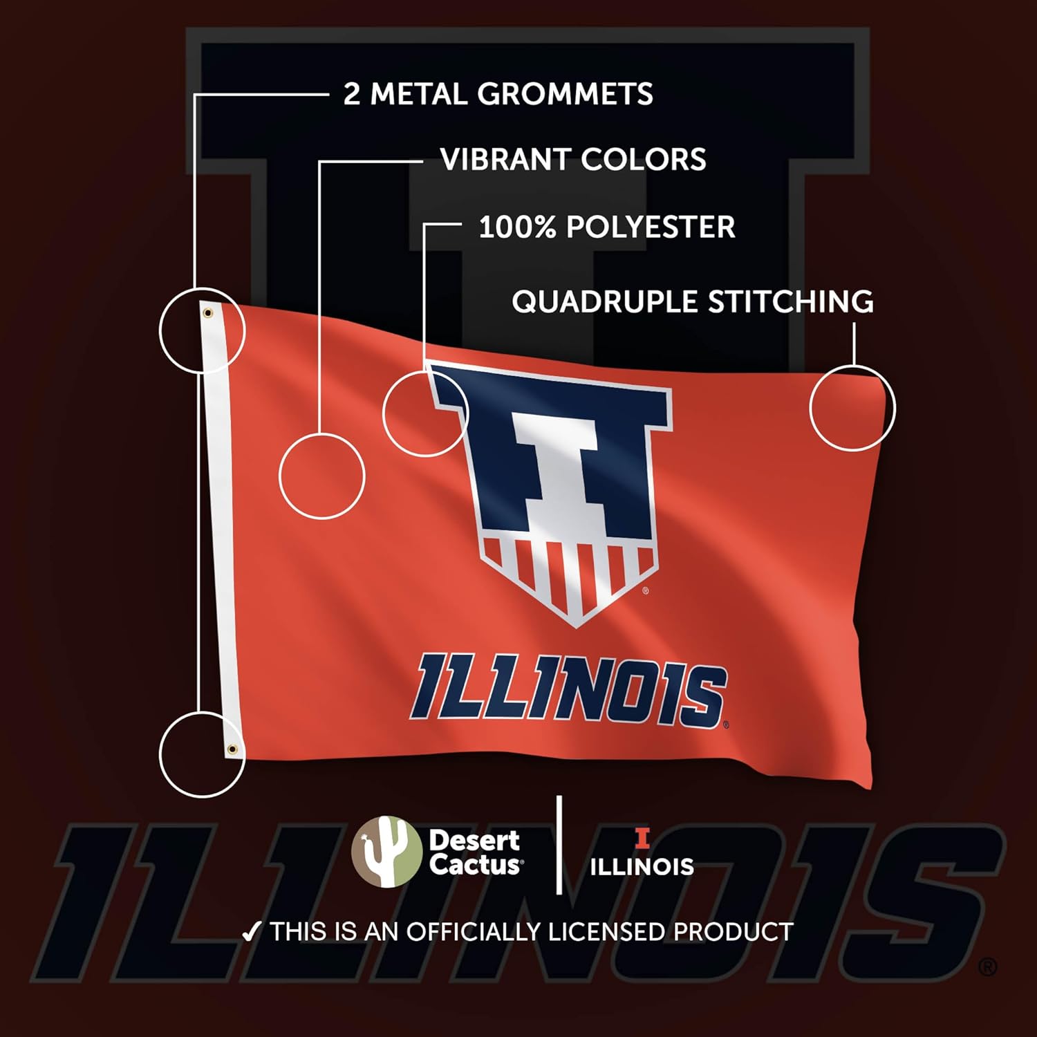 Desert Cactus University of Illinois UI Flag - 3 x 5 Feet Illini Banner, Indoor/Outdoor Durable Fabric, 100% Polyester Design (Style Z) - Image 4