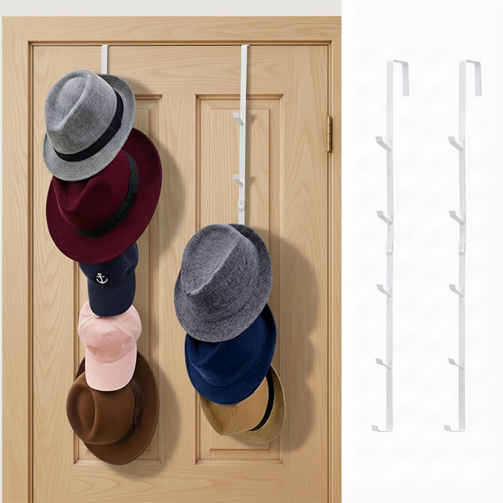 2 Pcs Over The Door Hat Organizer, Door Hanger Hat Rack Display Storage, 5 Hooks Heavy Duty, for Coat, Scarf, Purse, White Metal