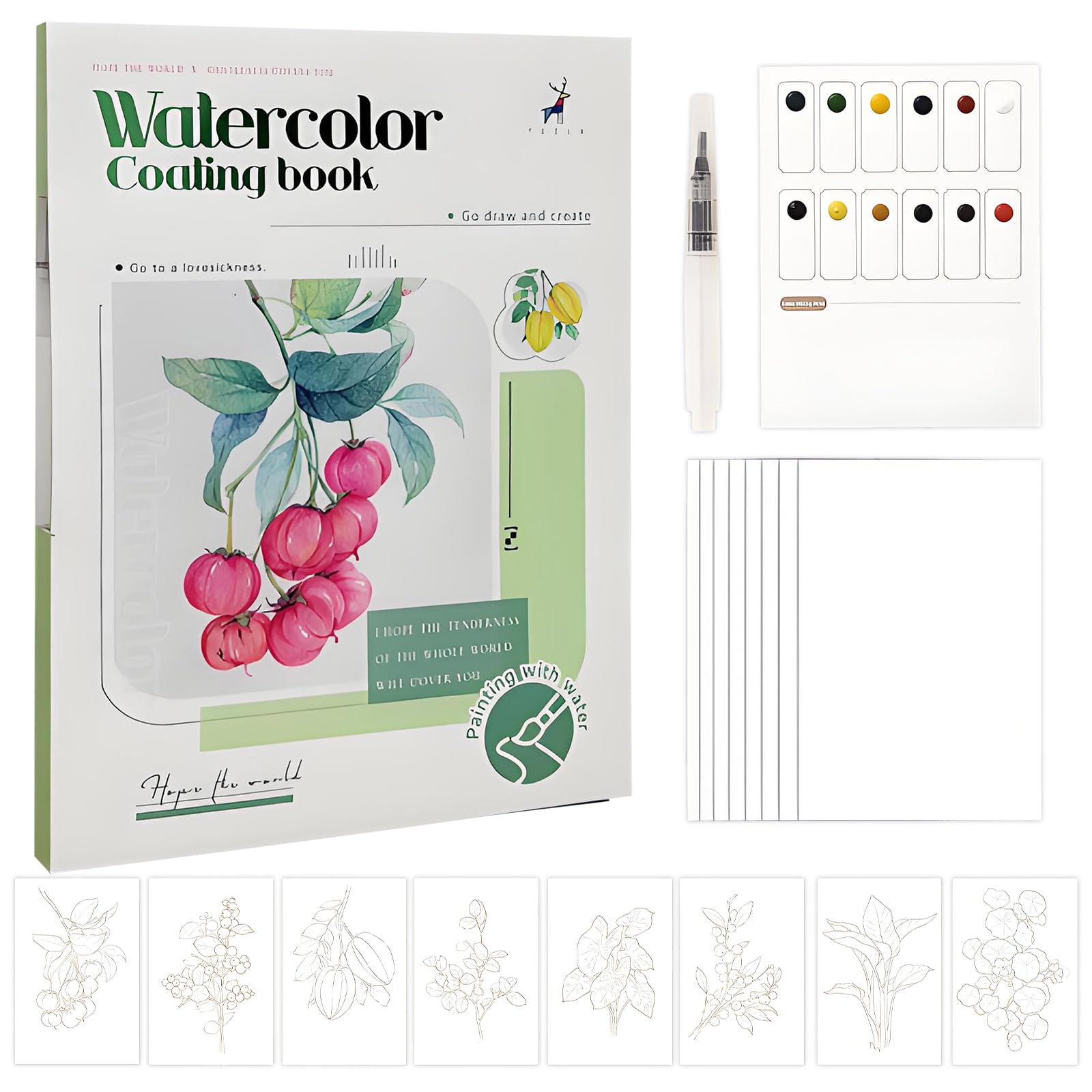 Watercolor Workbook, Workbooks Set with Paint Brush, Plant Patterns Watercolour Workbook Art & Crafts Painting Supplies Gifts for Adults Teens