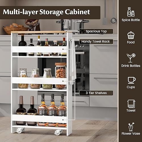 Miniatura 5 de LOKO Carrito de almacenamiento delgado, carrito rodante blanco de 4 niveles con asa y parte superior de madera para cocina, baño, lavandería, sala