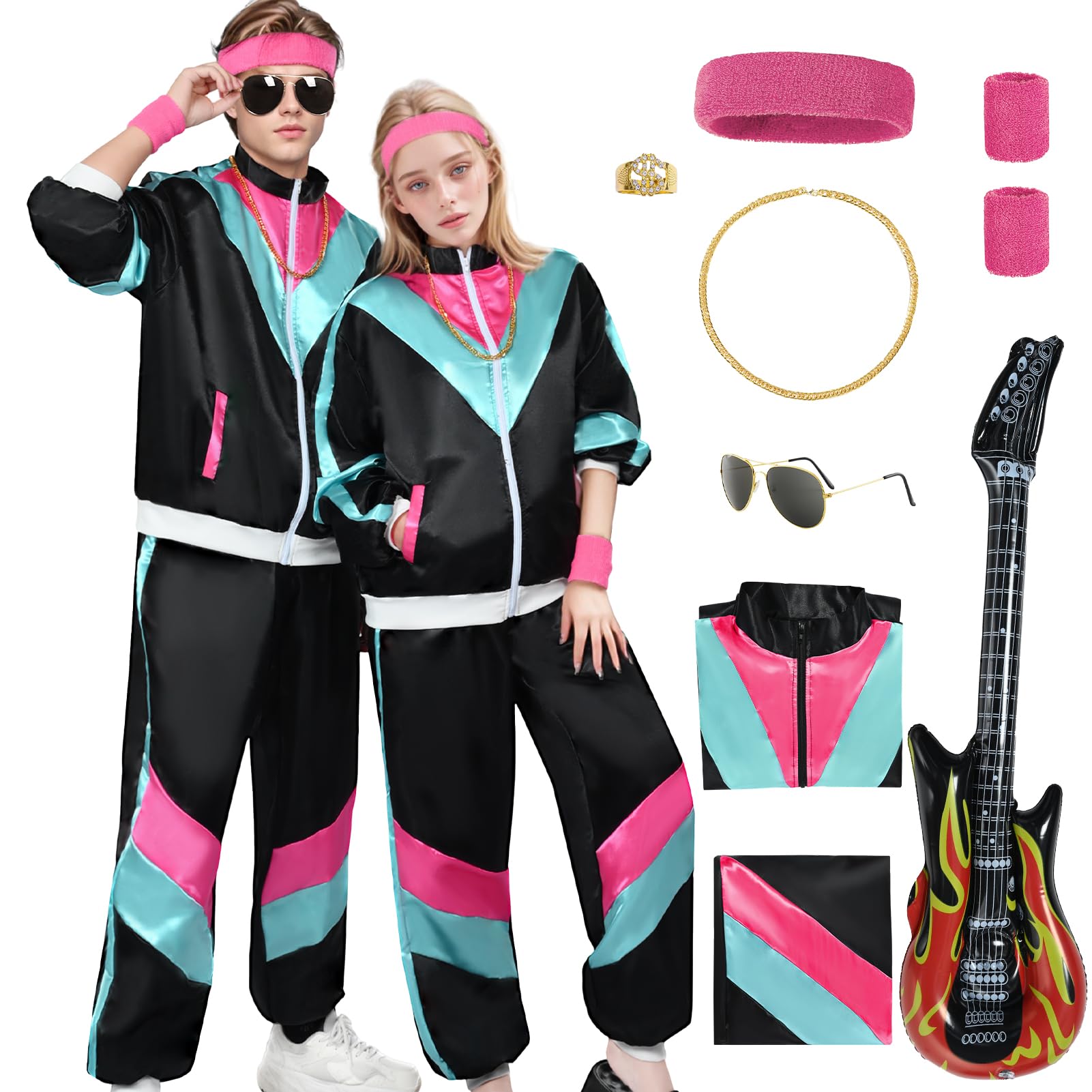 80s 90s Fancy Dress Costume Men Women Adults, Shell Suit Rave Tracksuit Outfit Retro Jacket Chain Decor Guitar Hip Hop Rapper Disco Neon Accessories Carnival Halloween Party (Black Rose, 2XL)