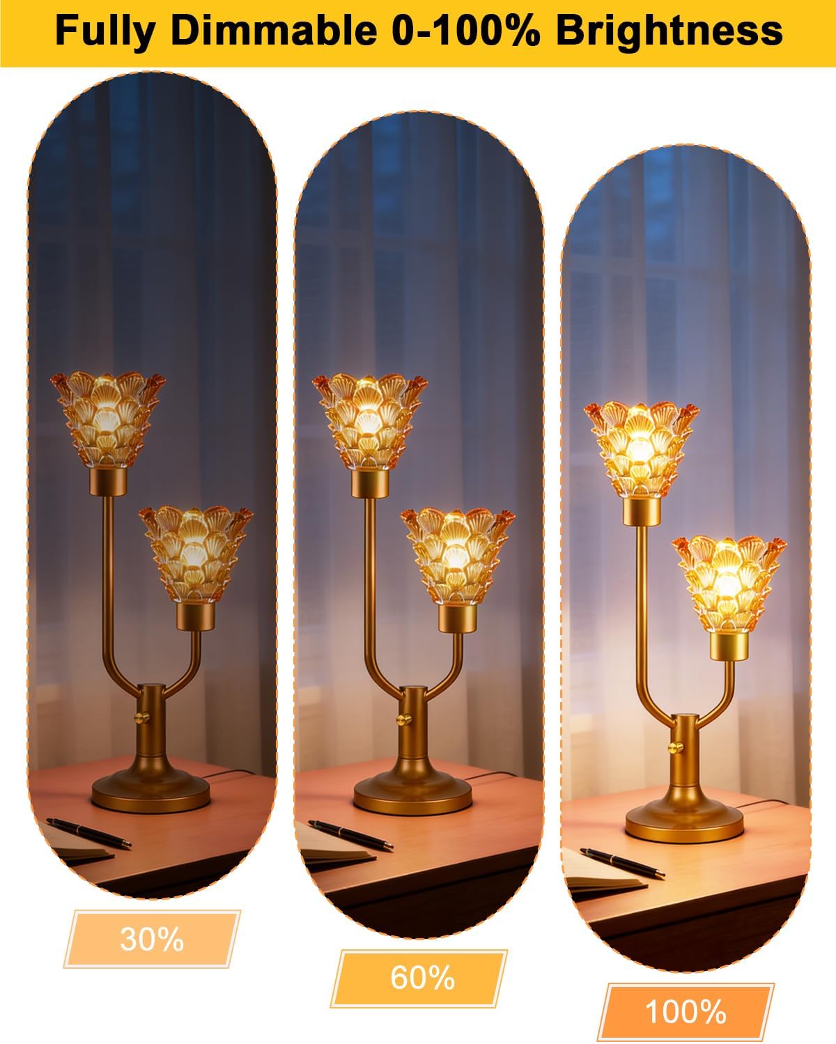 Lightdot Mid Century Modern Glass Table Lamp Dimmable Gold Flower Desk Lamp with Thickened Amber Glass Shades 2 Bulbs Included 3000K Warmwhite Ambience Nightstand Lamp for Bedroom Bedside Living Room