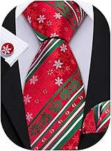 Barry.Wang Christmas Tie Set Men's Festive Necktie Xmas Pattern Silk Pocket Square Cufflinks Party