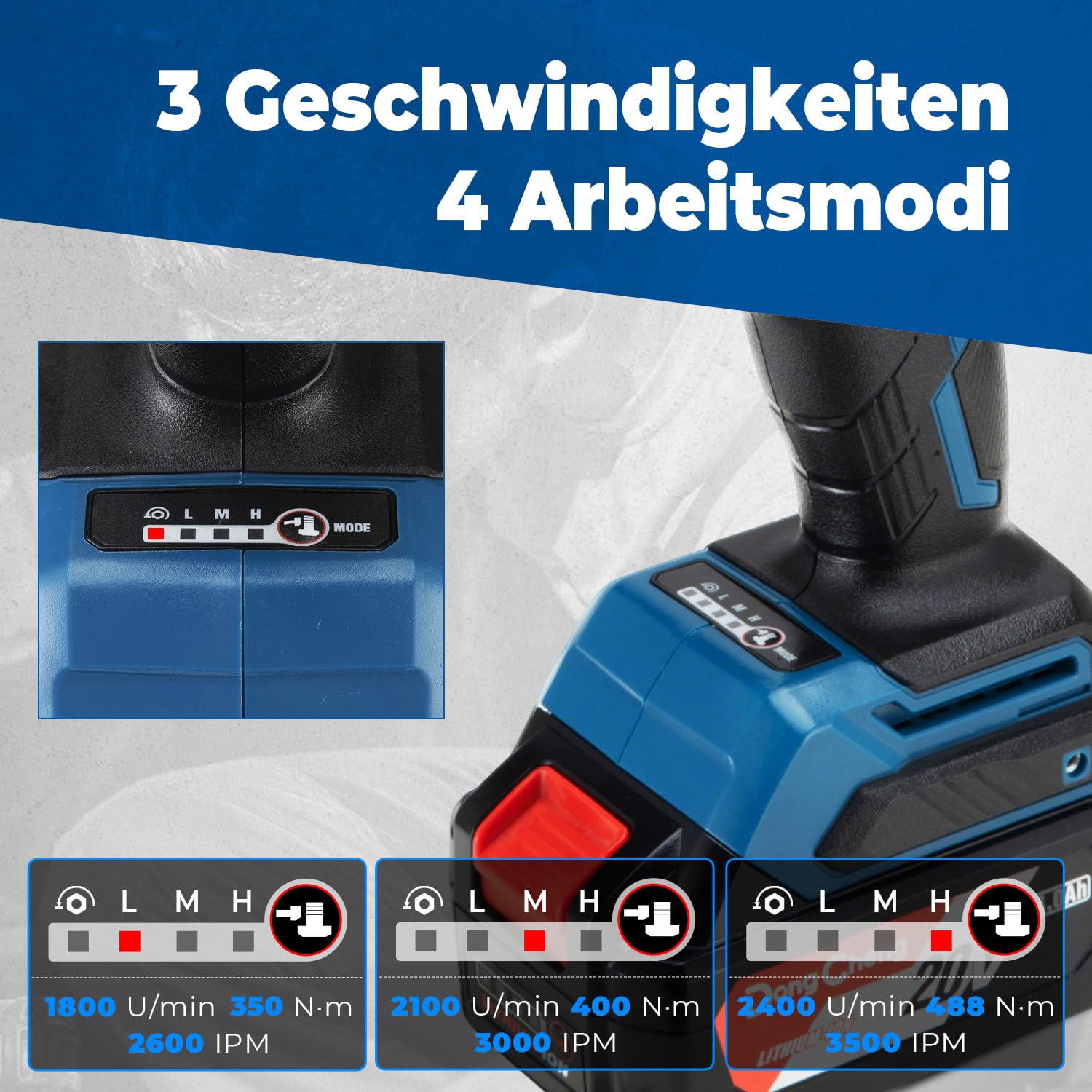 Dong Cheng Akku-Schlagschrauber 20V, 1/2"-Aufnahme, 682 Nm Drehmoment, Bürstenloser Akku Drehschlagschrauber, 3 Leistungsstufen, inkl 4,0Ah Akku/Ladegerät im Koffer