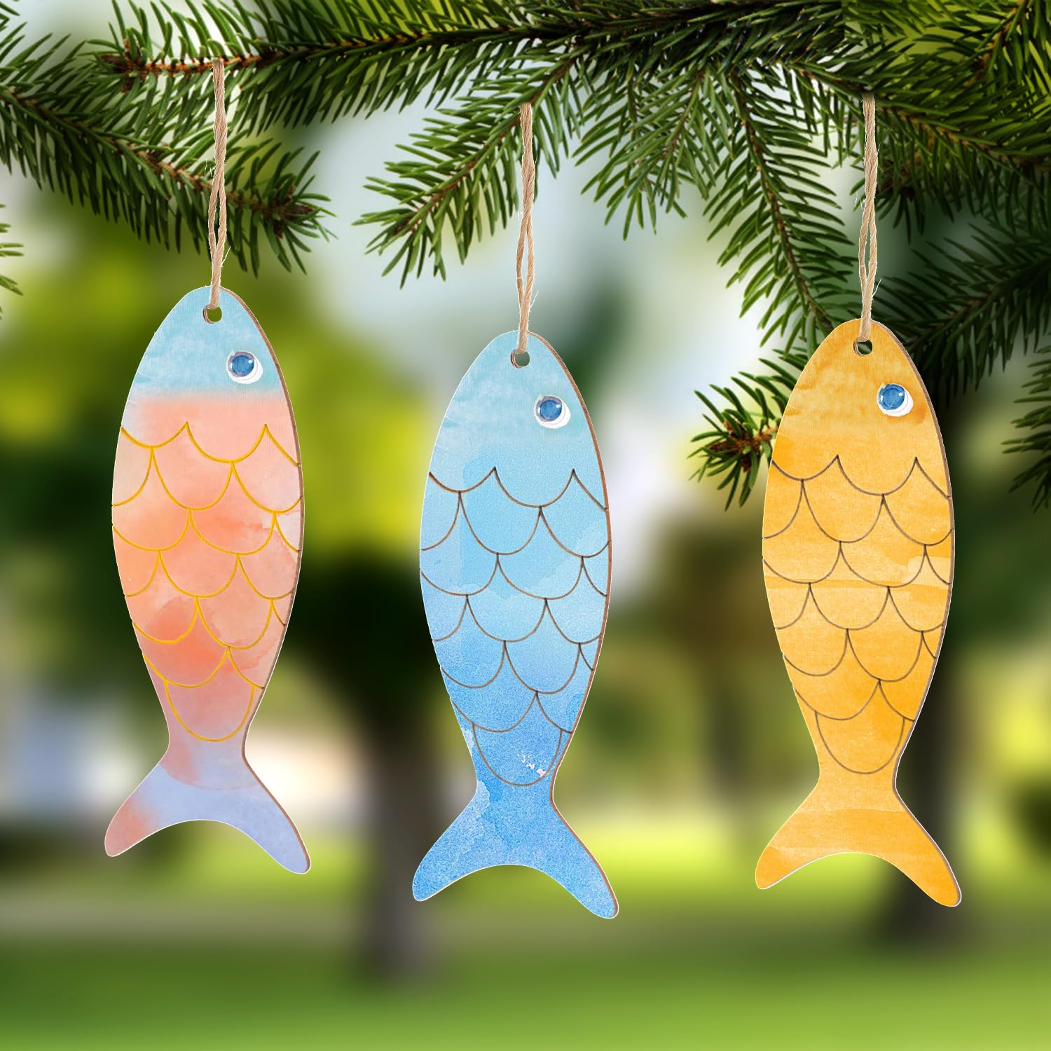 30pz Ornamento di Pesce in Legno non Finito, Forma di Pesce Vuoto con Foro, Etichette e Corde di Canapa, Ritagli per Artigianato e Regalo