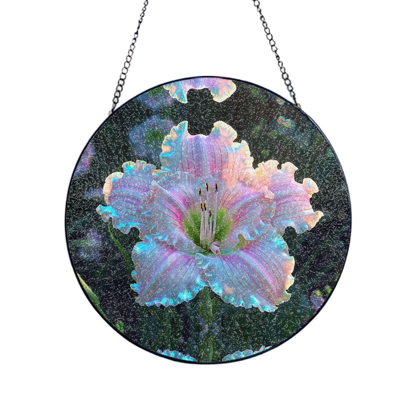Phayah White Lily Print Stained Glass Window Hanging Sun Catchers Decoration Mother'S Day Birthday Gifts For Home Garden Porch 6in（15cm）
