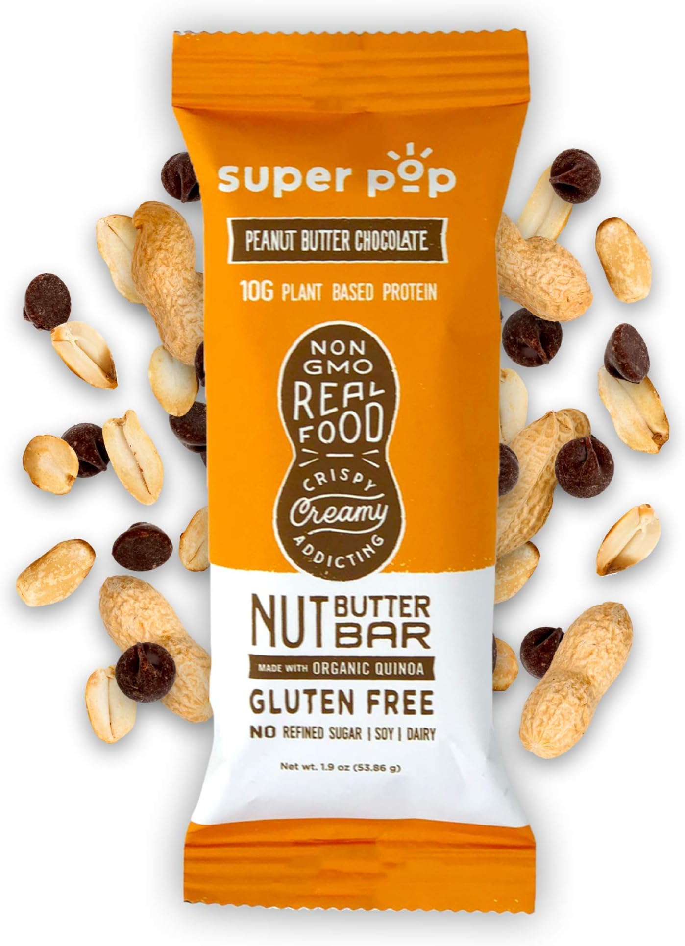 Super Pop SnacksClean Plant Based Protein Bars, ​Peanut Butter Bars with Organic Whole Foods, ​Low Sugar, No Sugar Alcohols, Gluten Free, Dairy Free, 10g Protein, Peanut Butter Chocolate (12 pack)